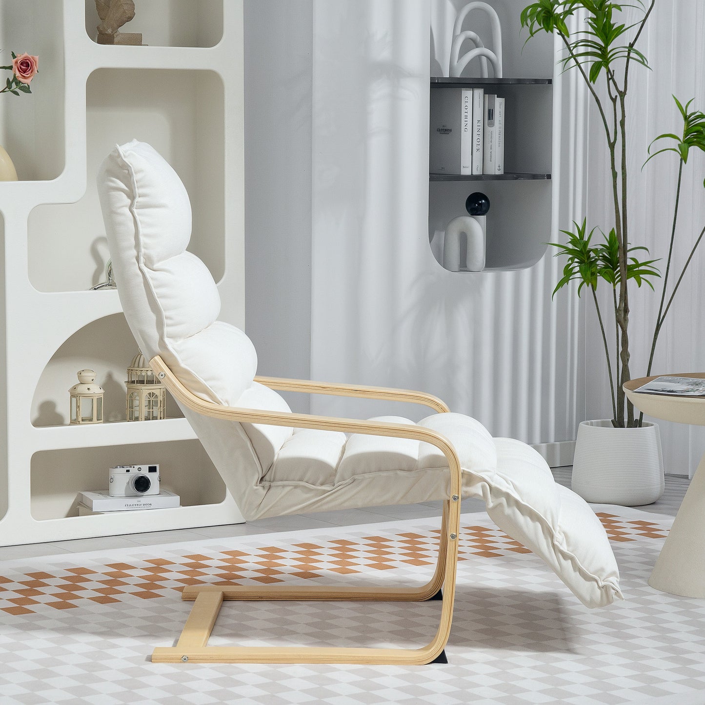 HOMCOM Curved Wooden Accent Chair, with Adjustable Footrest - Cream White