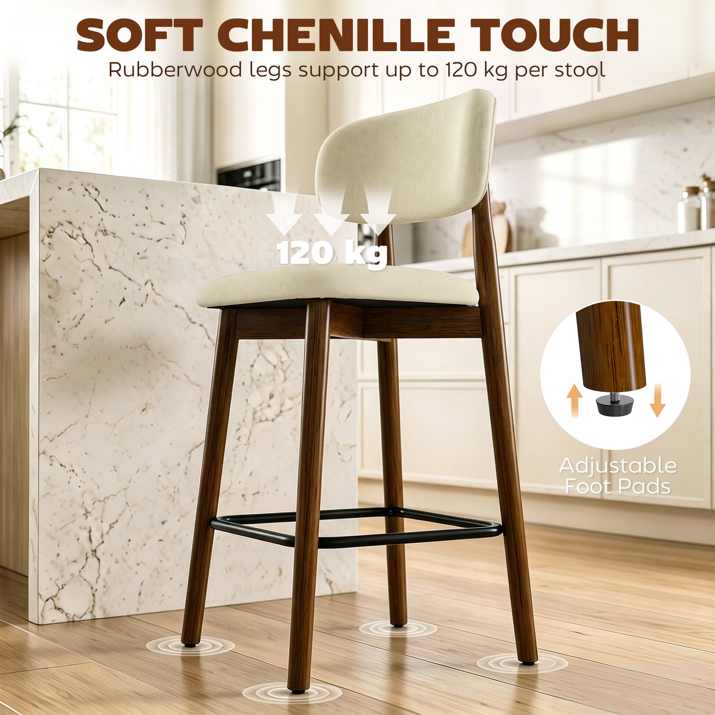 HOMCOM Bar Stools Curved Open Back Padded Seat Footrest Set of 2 for Kitchen Beige