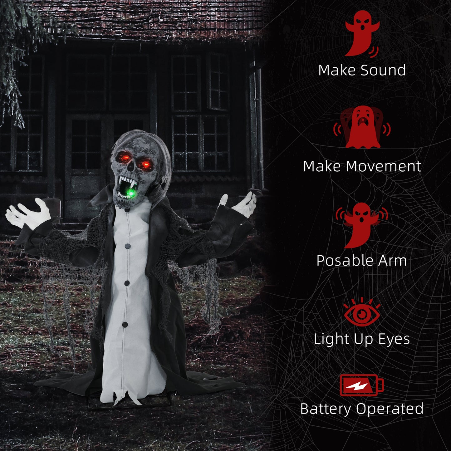 HOMCOM Halloween Animated Skeleton with Glowing LED Eyes and Mouth, Half-Body Halloween Decoration, Battery Operated
