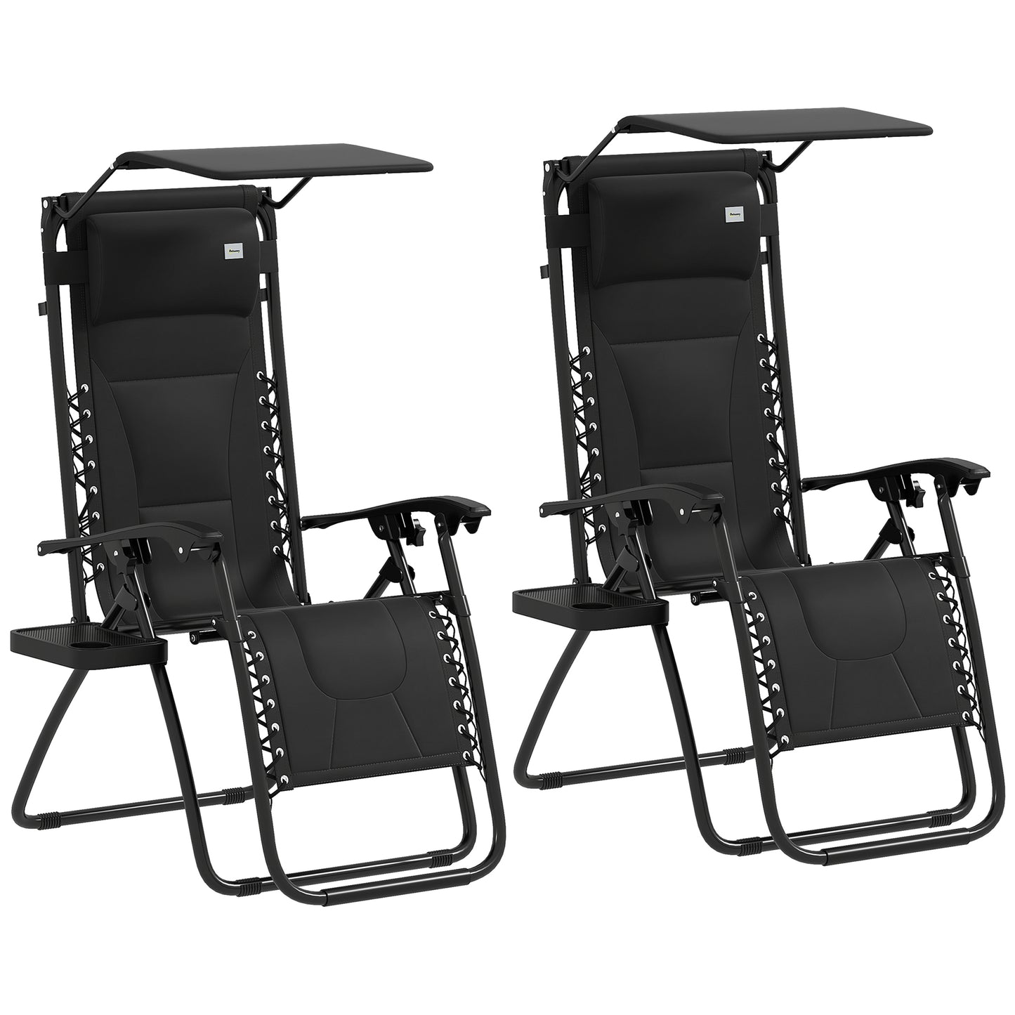 Outsunny Zero Gravity Lounger Chair Set of 2, Folding Reclining Chair with Shade, Cup Holder, Black
