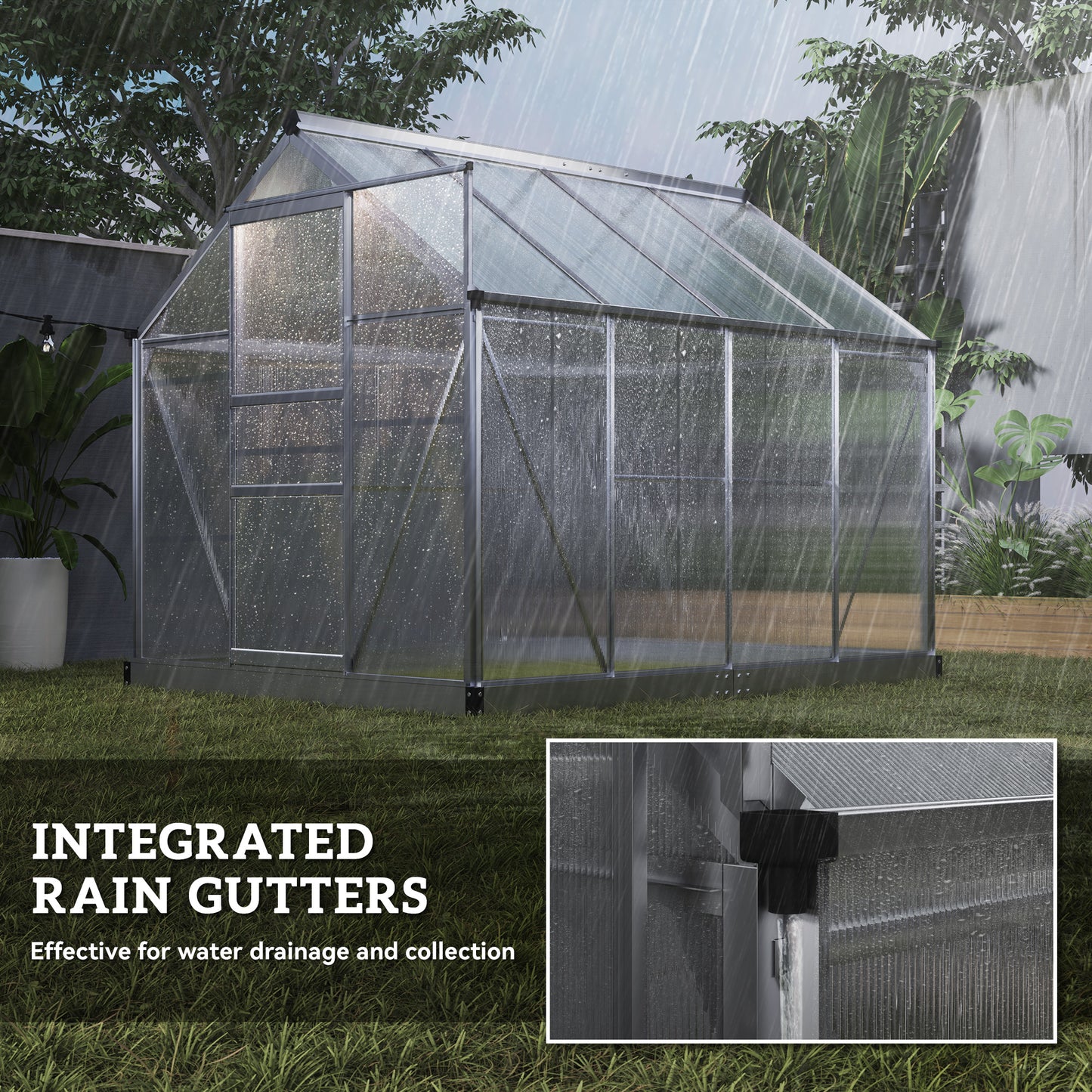 Outsunny Polycarbonate Greenhouse, Large Walk-In Green House with Slide Door and Window, Aluminium Frame, 6x8ft, Silver Tone