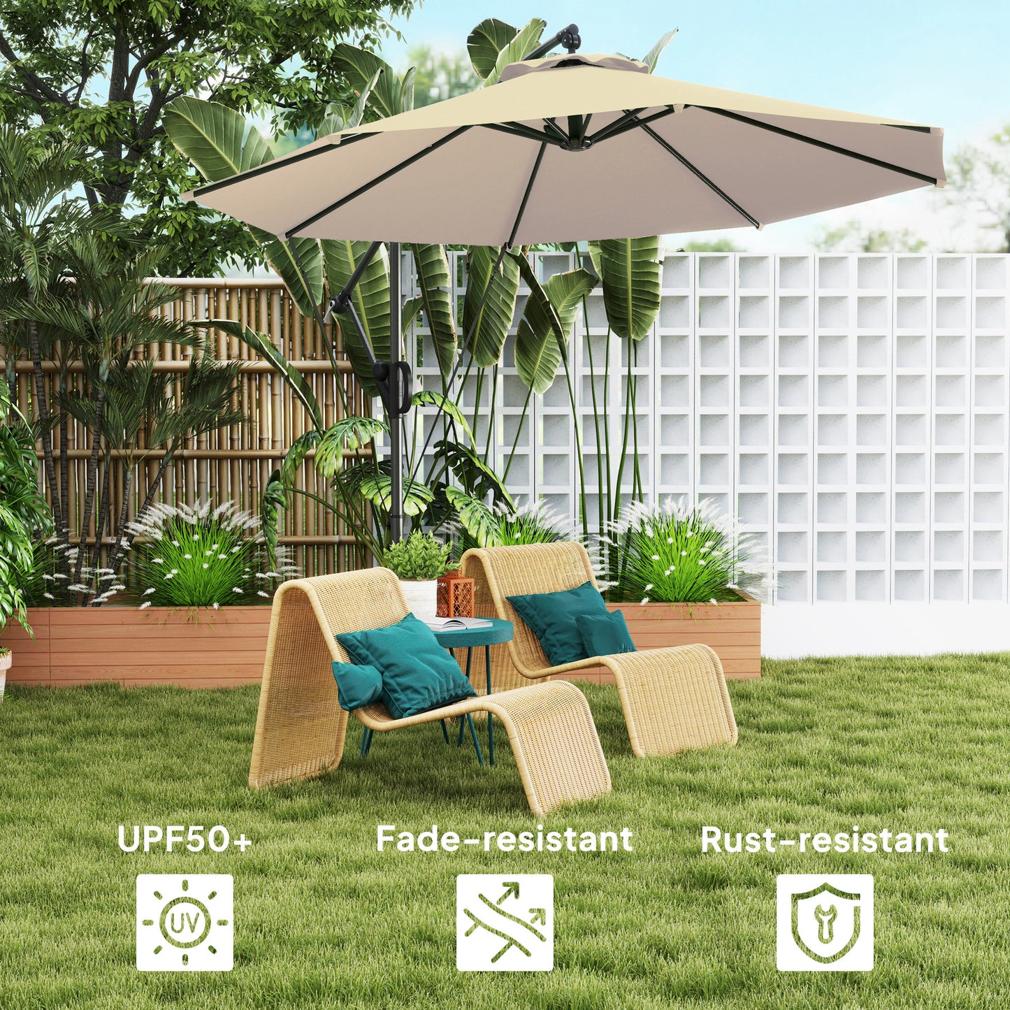 Outsunny Garden Cantilever Parasol with Cover & Strap, Round Umbrella with Crank & Tilt, UPF50+ Banana Patio Shade, Khaki