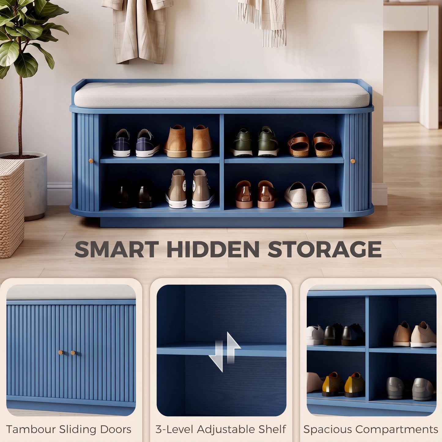 HOMCOM Hallway Storage Unit, Hallway Furniture Set with Shoe Storage Cabinet and 5 Hooks Coat Rack, Blue