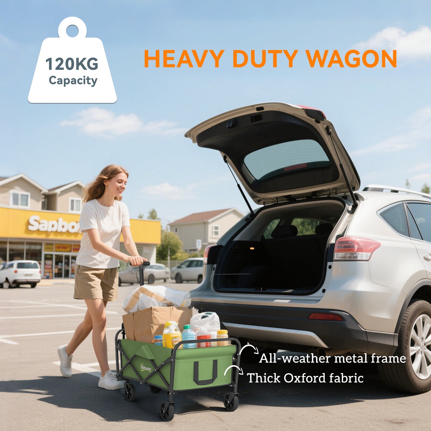 Outsunny Festival Trolley: 62L, 120kg Heavy Duty Folding Wagon w/ Wheels, Adjustable Handle, Carry Bag for Beach, Camping, Festival, Green