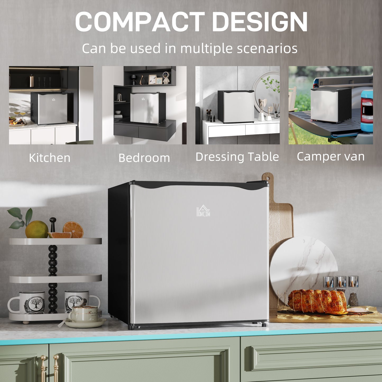 HOMCOM 46L Table Top Mini Fridge with Ice Box, Reversible Door, Adjustable Temp and Legs for Bedrooms/Home Office, Silver Tone