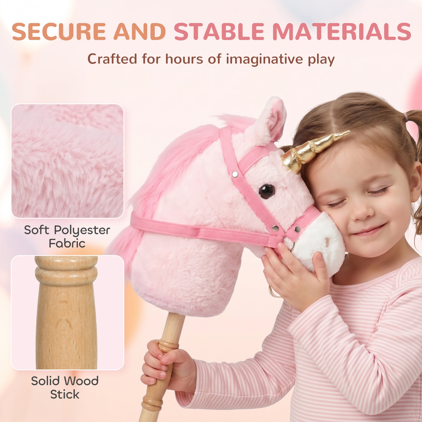AIYAPLAY Hobby Horse with Wood Wheels, Stick Horse with Grip Handle, Sound, Plush Hobby Horse Toy for Imaginative Play, Pink