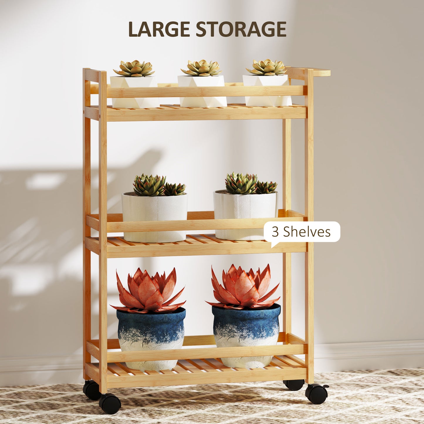 HOMCOM 3-Tier Bamboo Storage Trolley on Wheels with Handle for Kitchen, Office, Bathroom