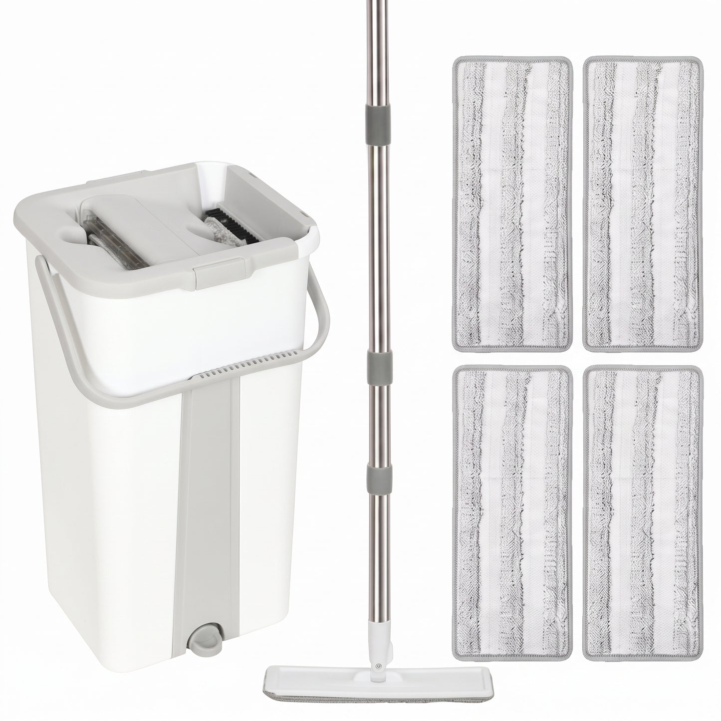 HOMCOM Mop and Bucket Set, Compact Flat Mop System with Wringer, 2-Chamber Design, 5 Reusable Pads, 127cm Handle, White