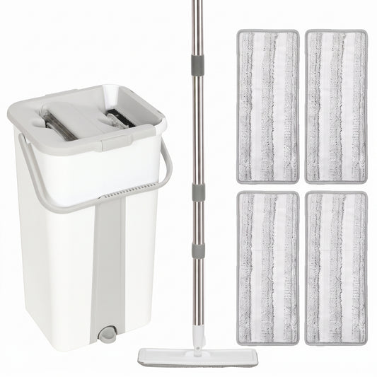 HOMCOM Mop and Bucket Set, Compact Flat Mop System with Wringer, 2-Chamber Design, 5 Reusable Pads, 127cm Handle, White