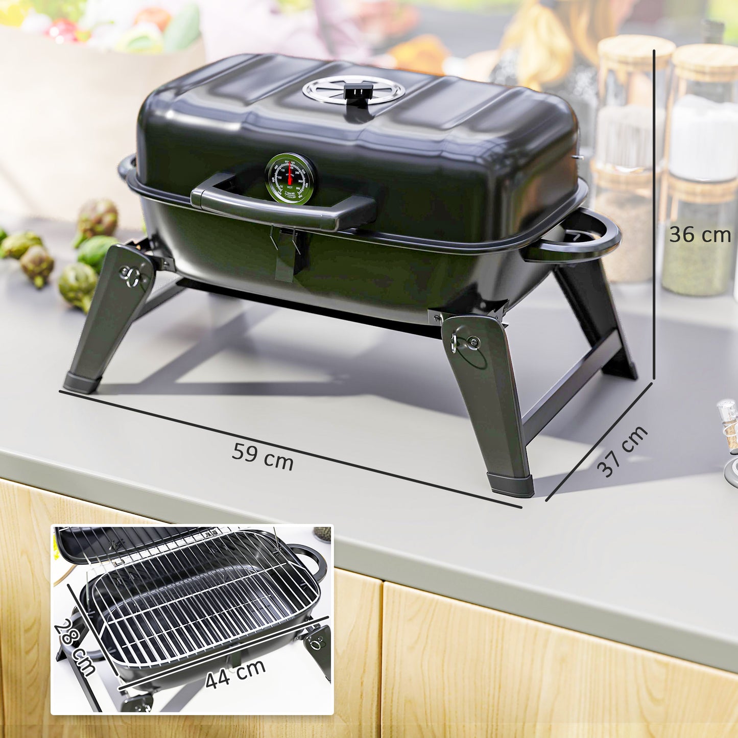 Outsunny Charcoal Barbecue Grill Folding BBQ Grill with 1232 cm² Cooking Area, Adjustable Vent, Thermometer, Handles for Camping Picnic, Red