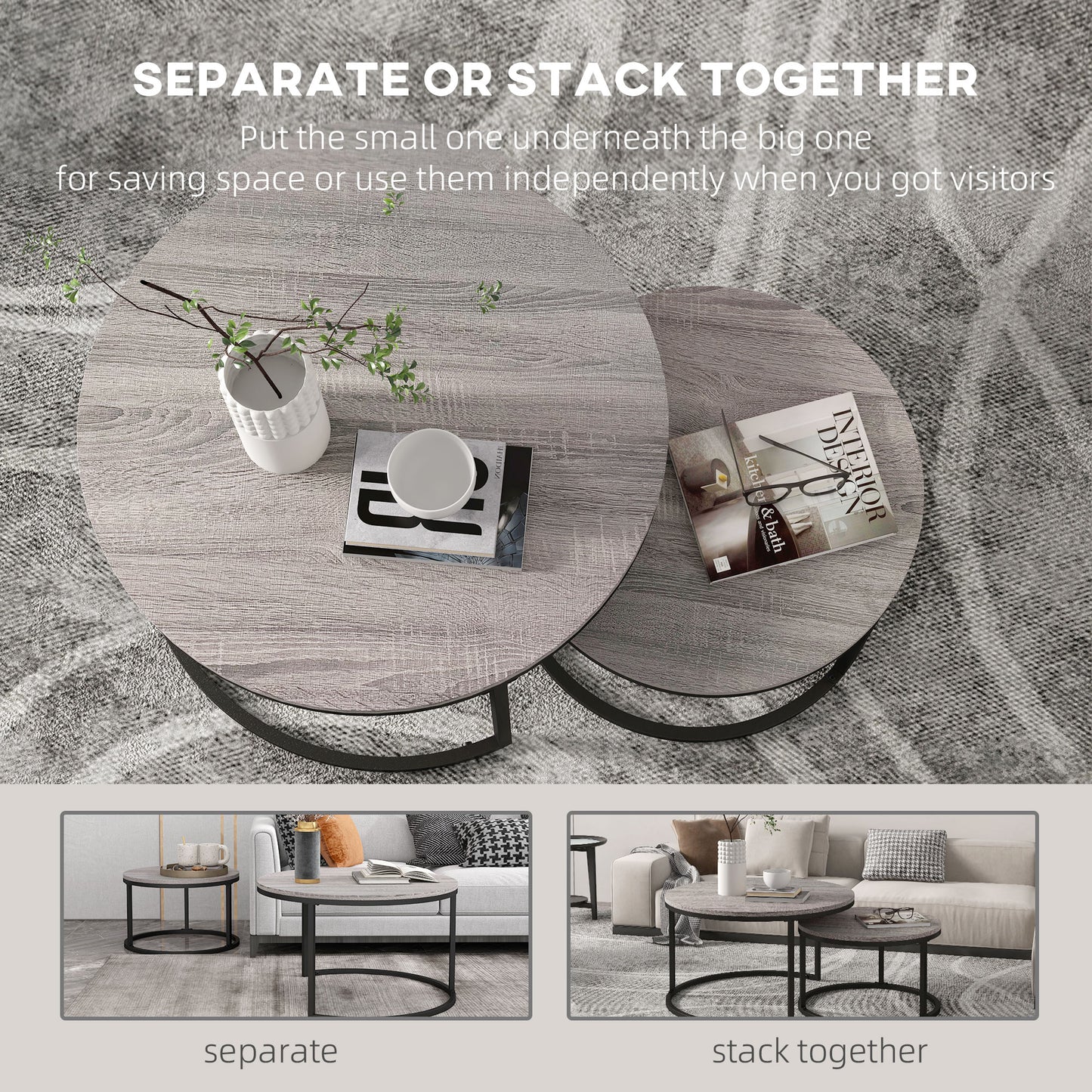 HOMCOM Two Piece Nesting Coffee Tables - Wood Effect/Black