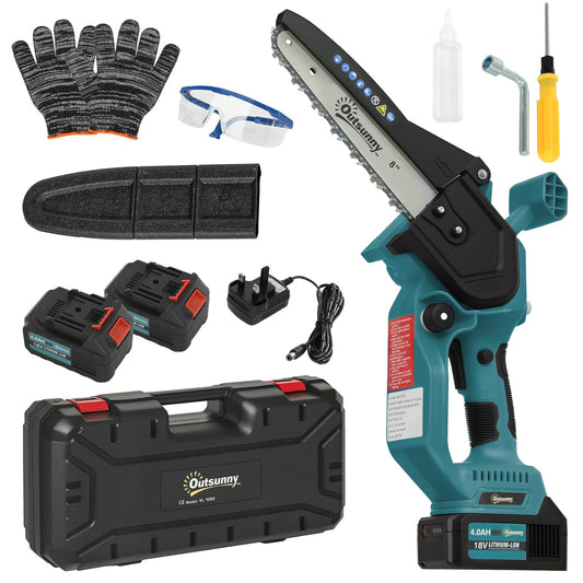 Outsunny Electric Chainsaw, Cordless, 8", Brushless Motor, 2x4.0Ah Batteries, Safety Lock, Portable Pruning Saw for Trimming, Blue