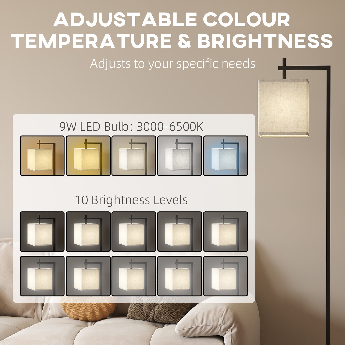 HOMCOM 66" Modern Floor Lamp with Adjustable Colour Temps & 10 Brightness Levels, Remote & Foot Switch, 9W LED Bulb, for Living Room, Bedroom, Office, Black