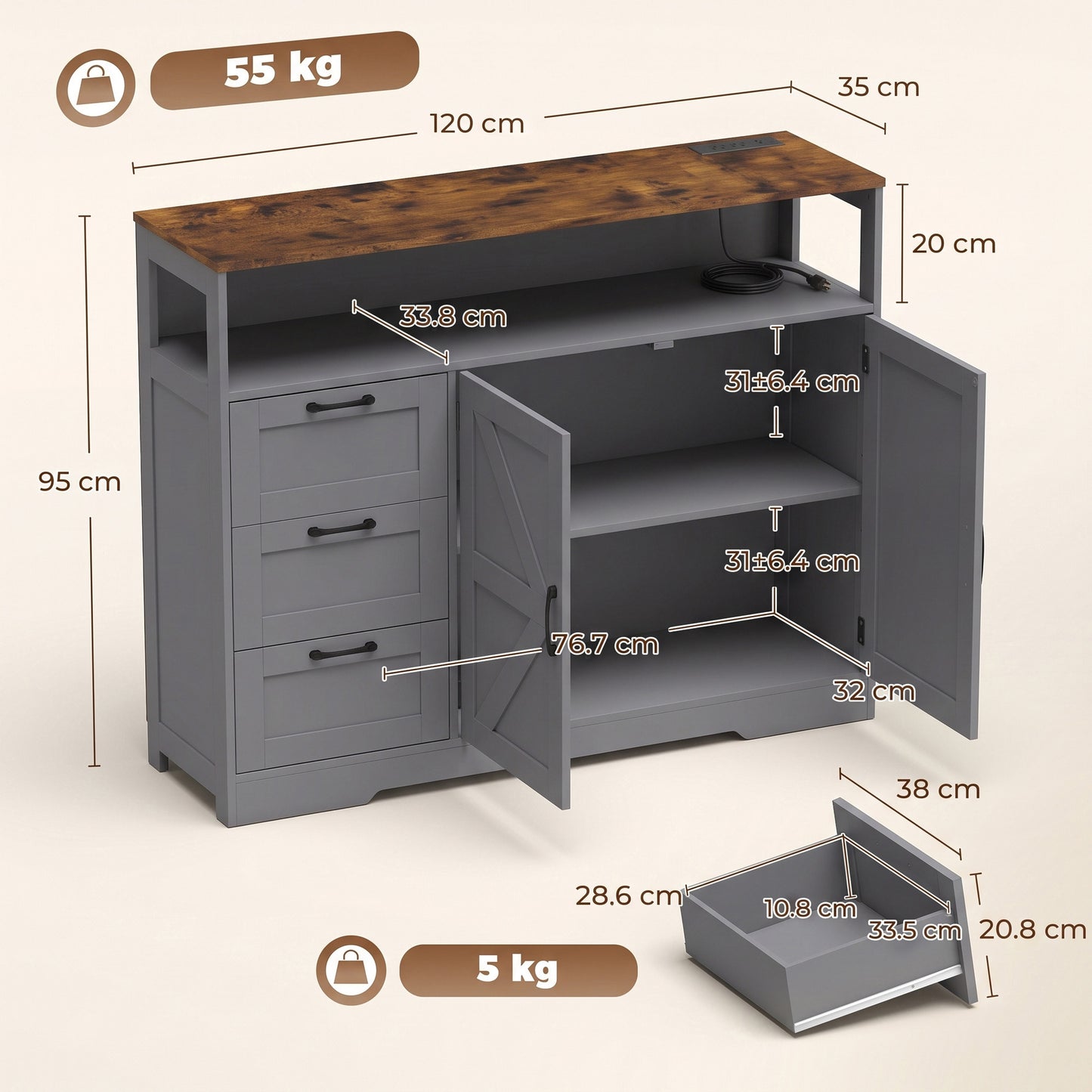 HOMCOM Sideboard Cabinet with Power Outlet, Farmhouse Kitchen Cabinet with 3 Drawers and Open Shelf, Grey