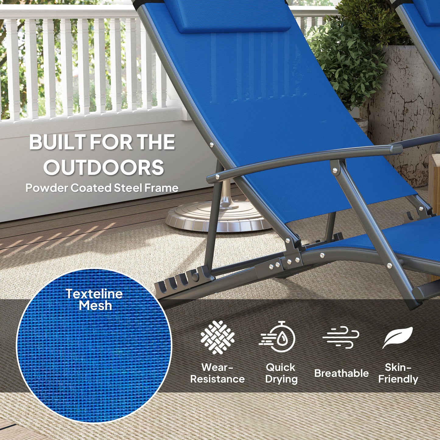Outsunny Set of 2 Folding Sun Loungers, 4-Position Adjustable with Armrests, Pillows, Steel Frame, Blue