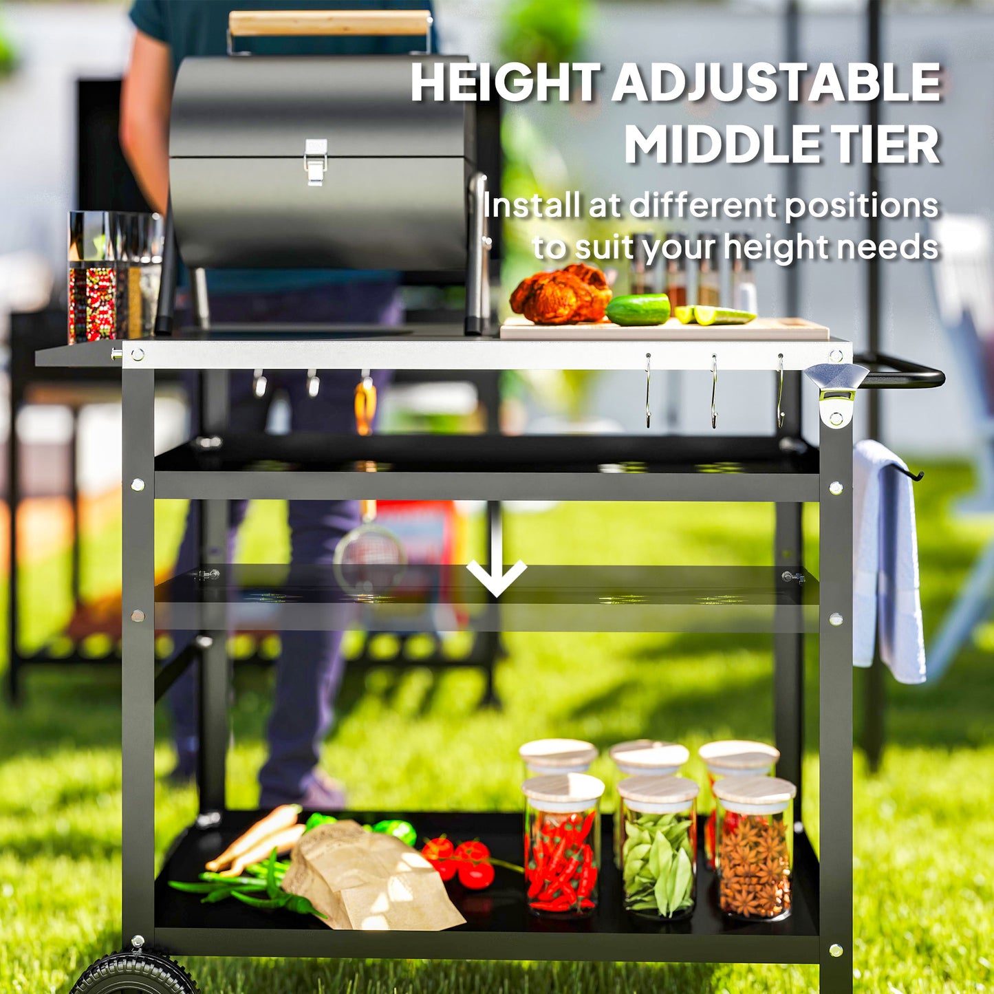 Outsunny BBQ Trolley, Stainless Steel Top, Adjustable Shelf, Hooks, Tray, Towel Rack, Pizza Oven Table, Movable Grill Cart with Cover, Black