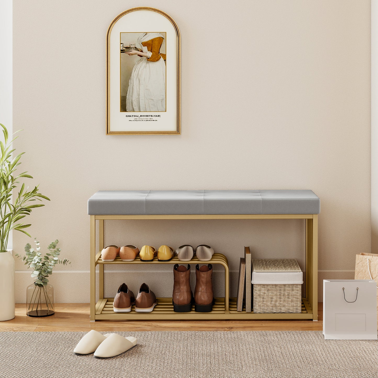 HOMCOM Bench and Shoe Storage, Tufted Shoe Storage Bench with Velvet Seat Cushion Gold Steel Frame for Entryway, Grey