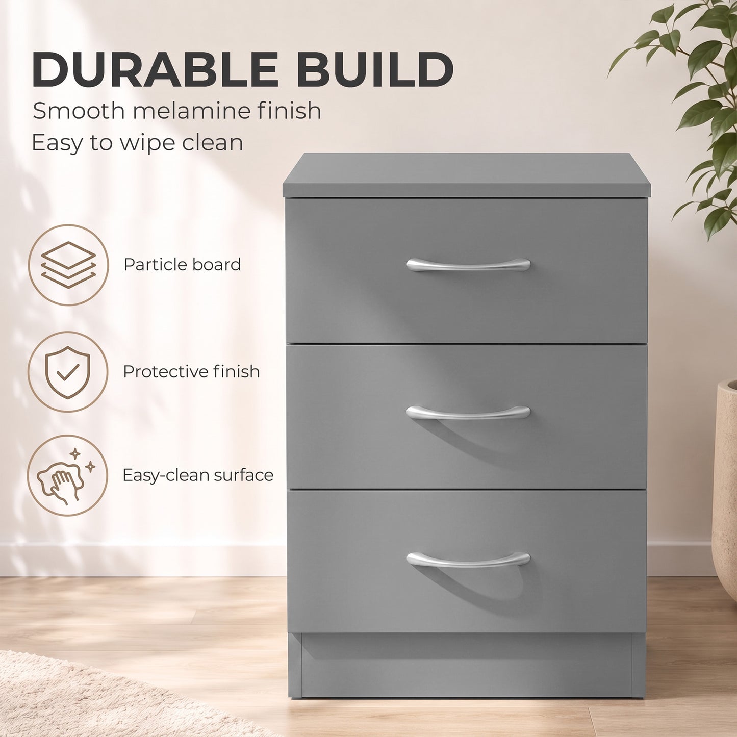 HOMCOM Three-Drawer Simple Bedside Table - Grey