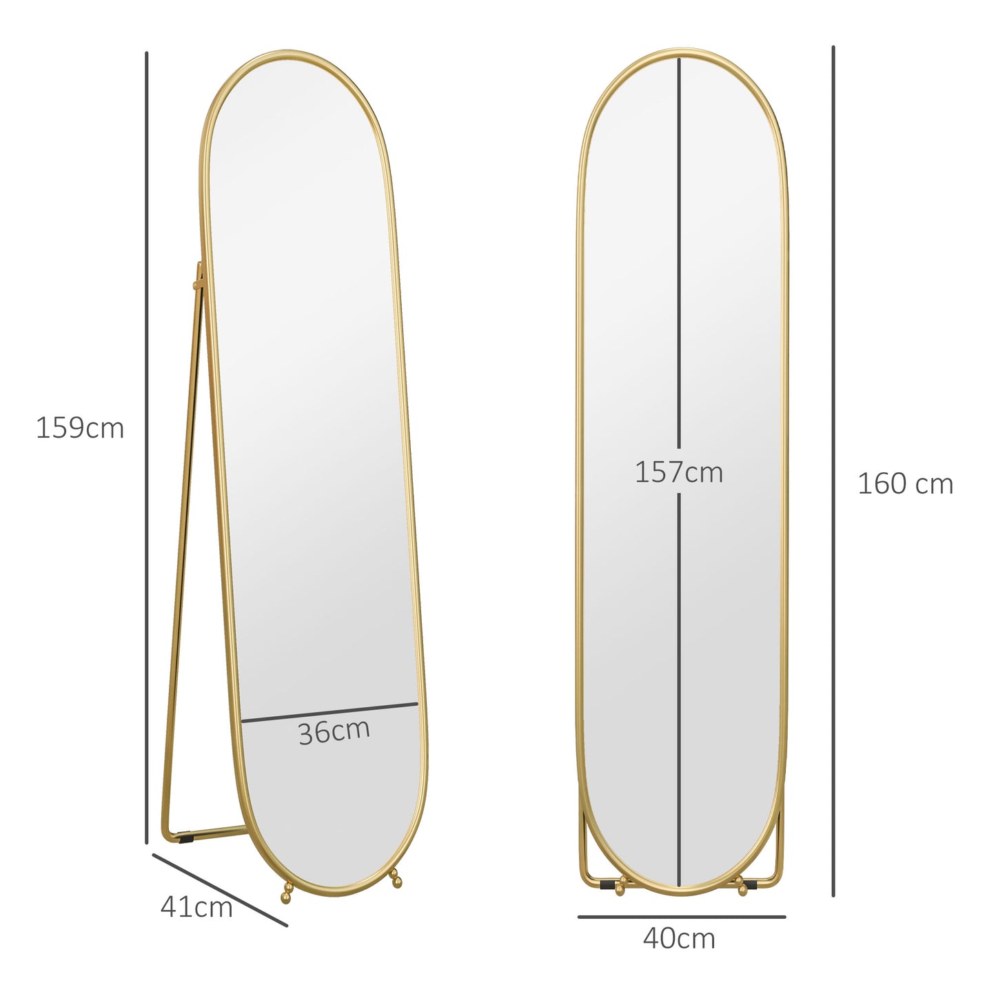 HOMCOM 40 x 160cm Full Length Mirror, Floor Standing, Wall-Mounted or Leaning Against Wall Tall Mirror with Support Frame, Oval Full Body Mirror for Bedroom, Living Room, Gold Tone