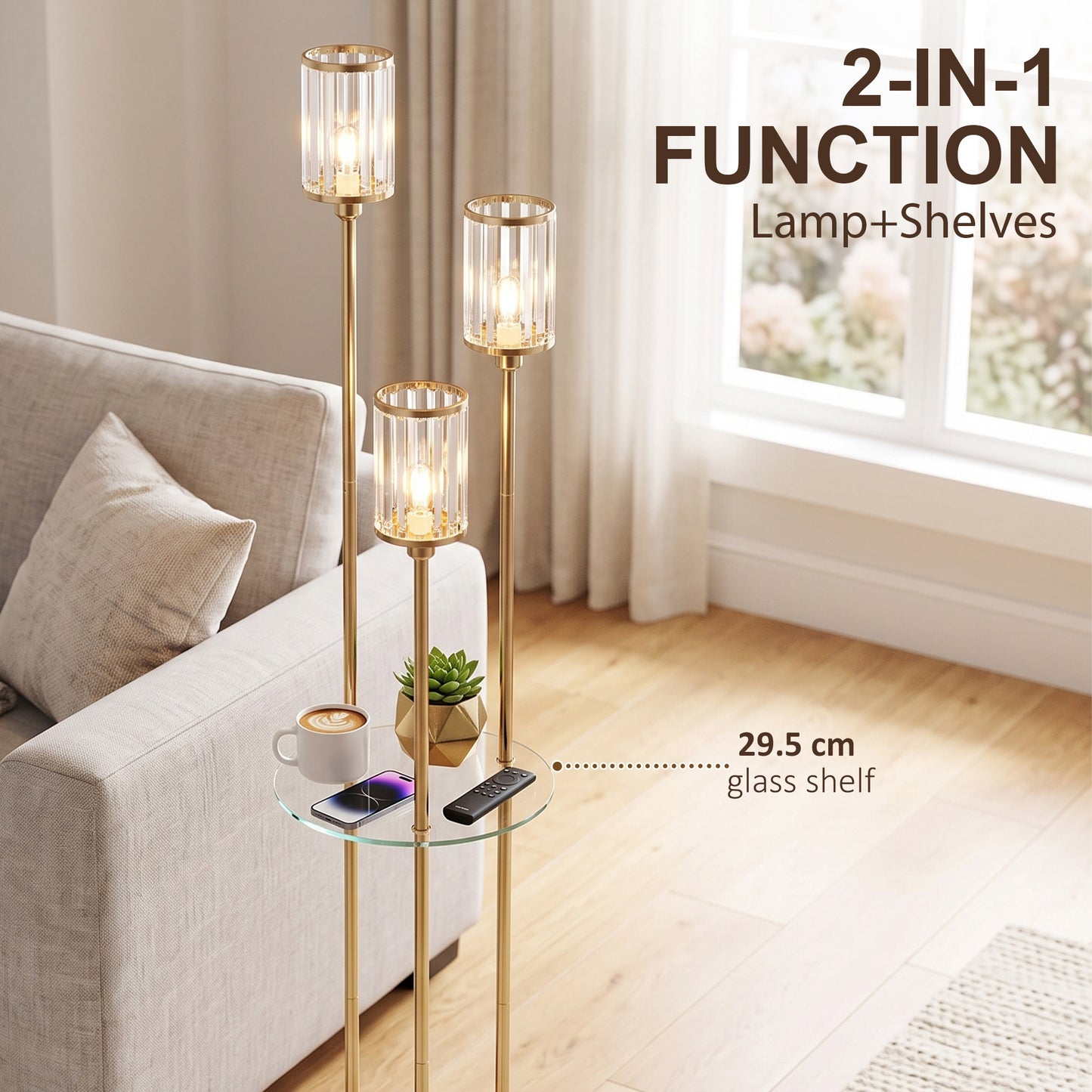 HOMCOM Floor Lamp with Shelves, 3-Light Crystal Standing Lamp with Glass Shades and Foot Switch, Bulbs Not Included, Gold Tone