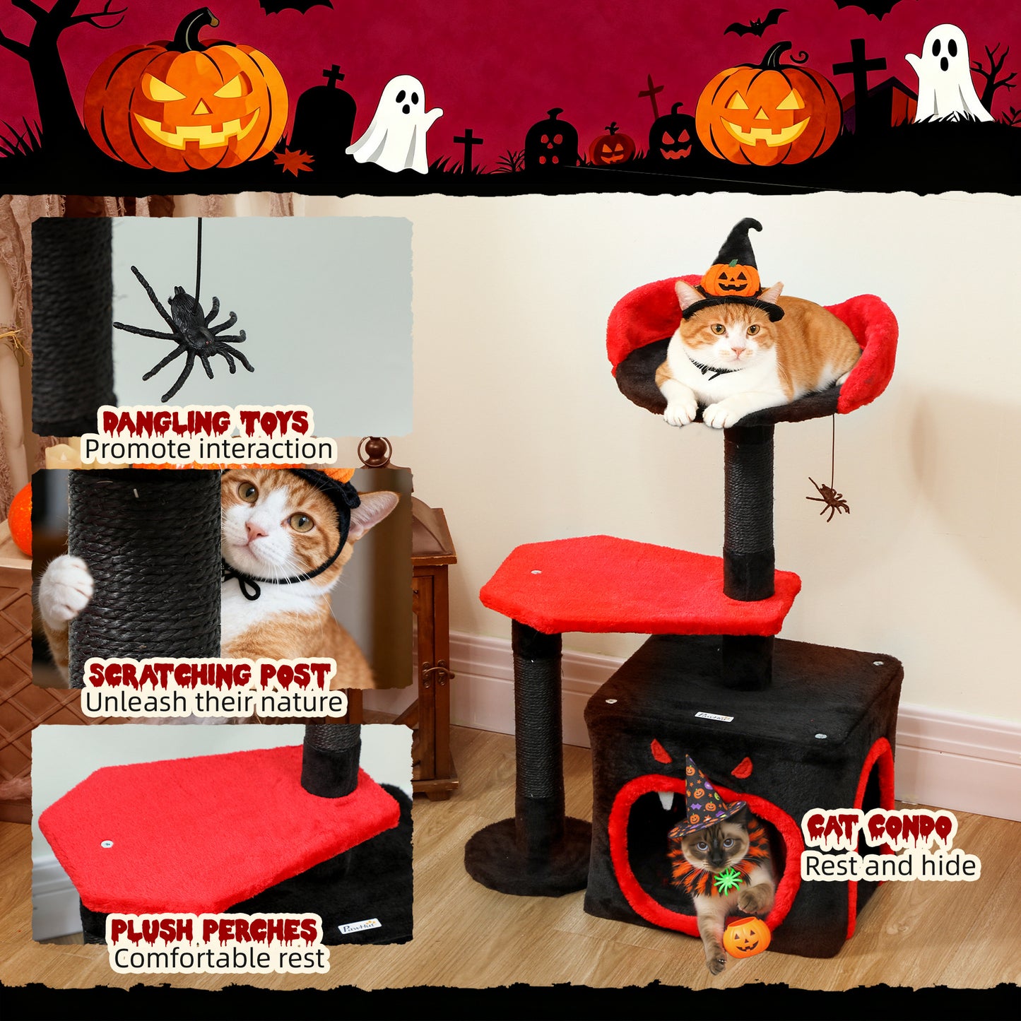 PawHut Cat Tree, Gothic Cat Tower with Scratching Posts, Cute Condo, Coffin Platform, Bed and Spider Toy, Halloween