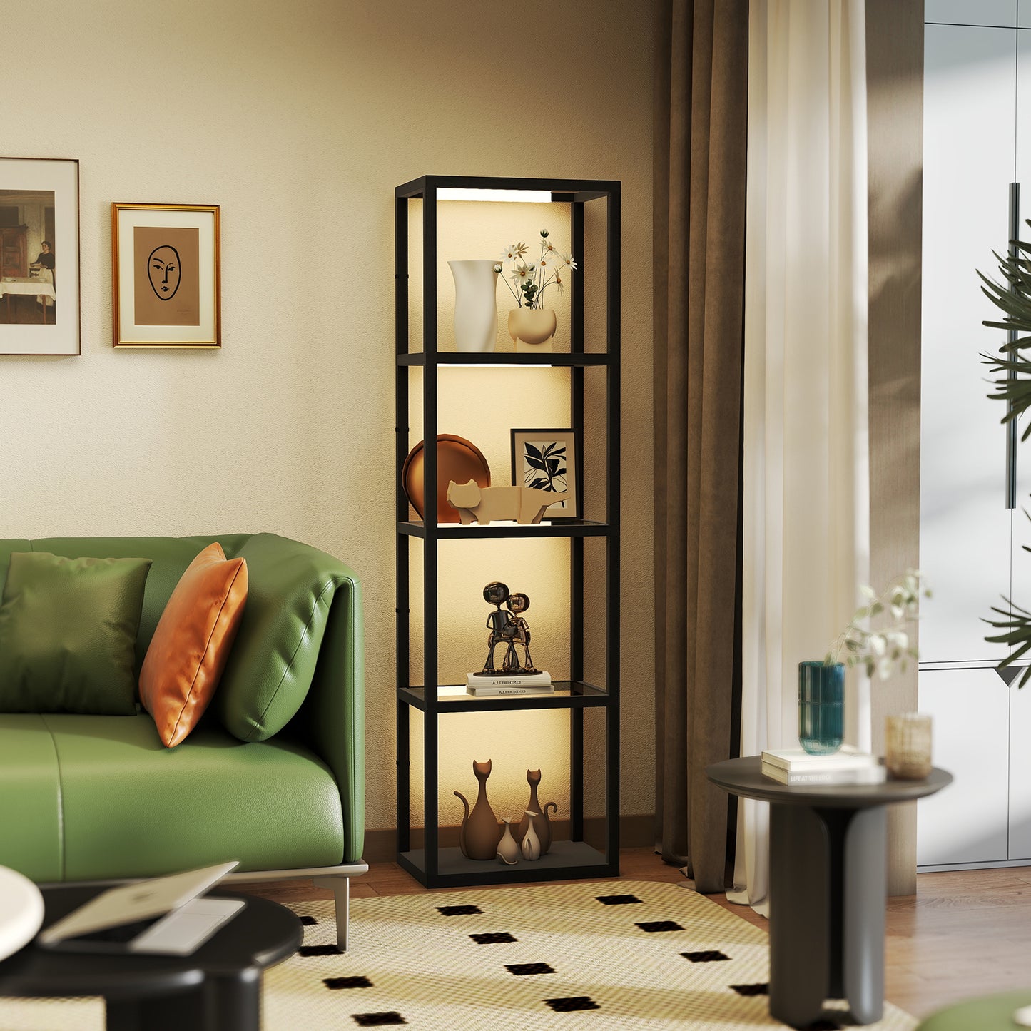 HOMCOM LED Floor Lamp with Glass Shelves, 4 Layers Dimmable Standing Lamp, Modern Column Shelf Light for Living Room, Bedroom, Office, Black