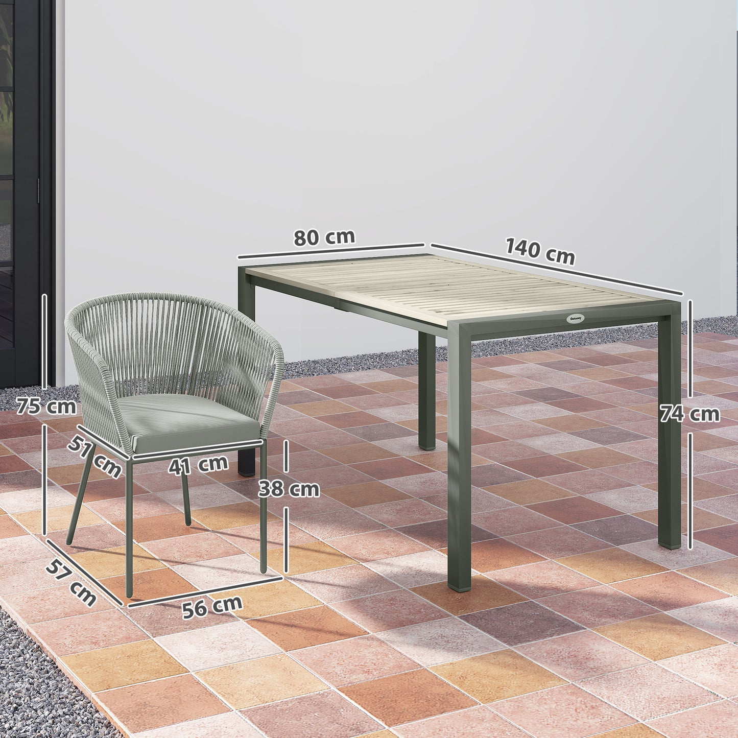 Outsunny Rattan Dining Set, 6 Seater, Wood Top Table, 6 Chairs, Washable Cushions, for Outdoor, Patio, Conservatory, Grey