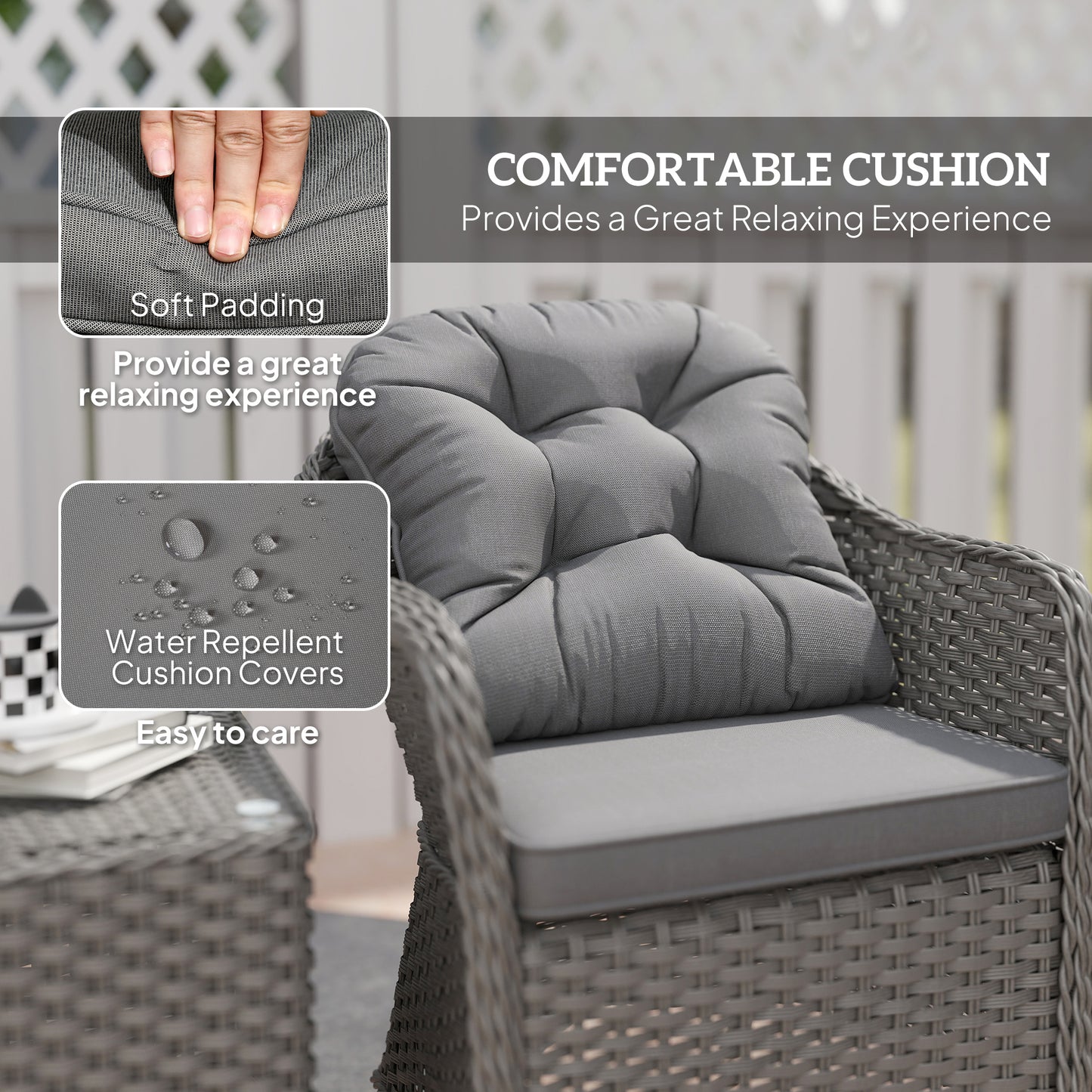 Outsunny 3-Piece Rattan Bistro Set, Glass Top Table & Cushioned Chairs for Patio, Balcony, Garden, Light Grey