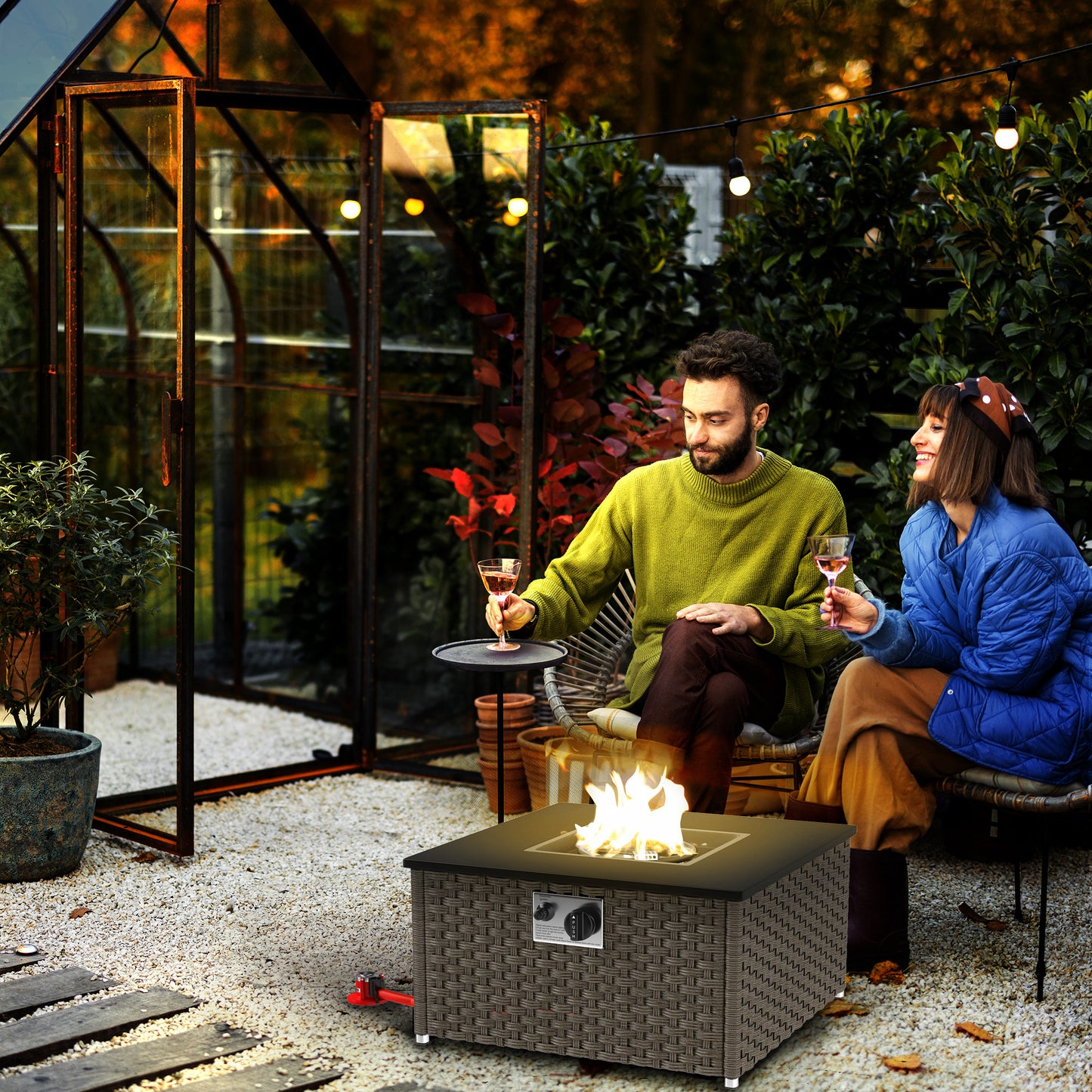 Outsunny Rattan Gas Fire Pit Table, 13 KW Propane Fire Pit with Lid, Square Patio Heater/Coffee Table for Garden Outdoor, 58x58x33 cm, Grey