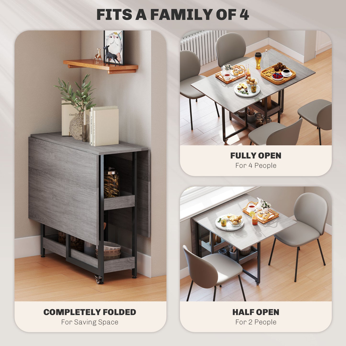 HOMCOM Industrial Folding Dining Table, Drop Leaf Table with Open Compartments for Small Spaces, Kitchen, Dining Room, Grey