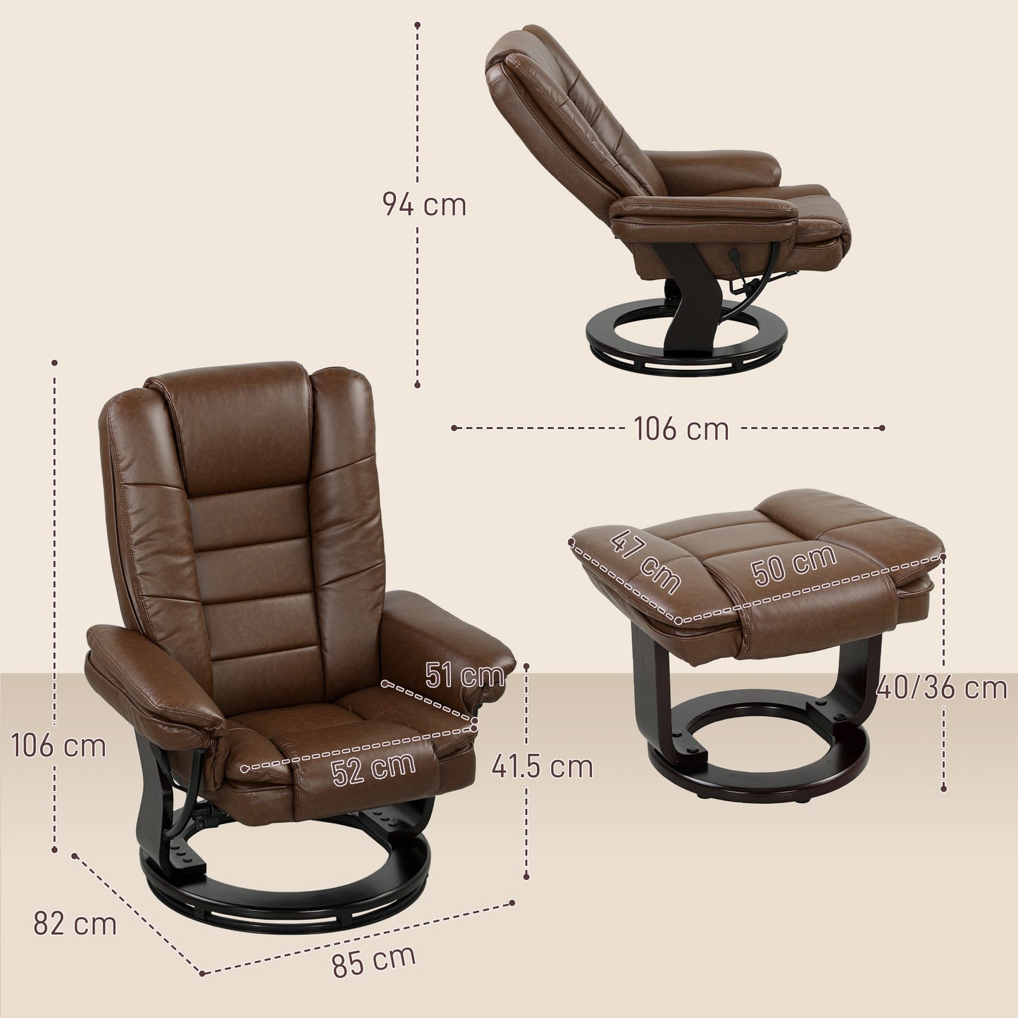 HOMCOM Faux Leather 135° Reclining Chair and Footstool - Brown