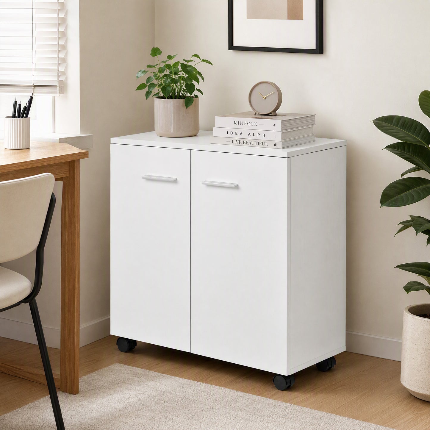HOMCOM Mobile Sideboard Cabinet, Sideboard Storage Cabinet with 2 Doors and Internal Shelf for Office, 60 x 35 x 65 cm, White