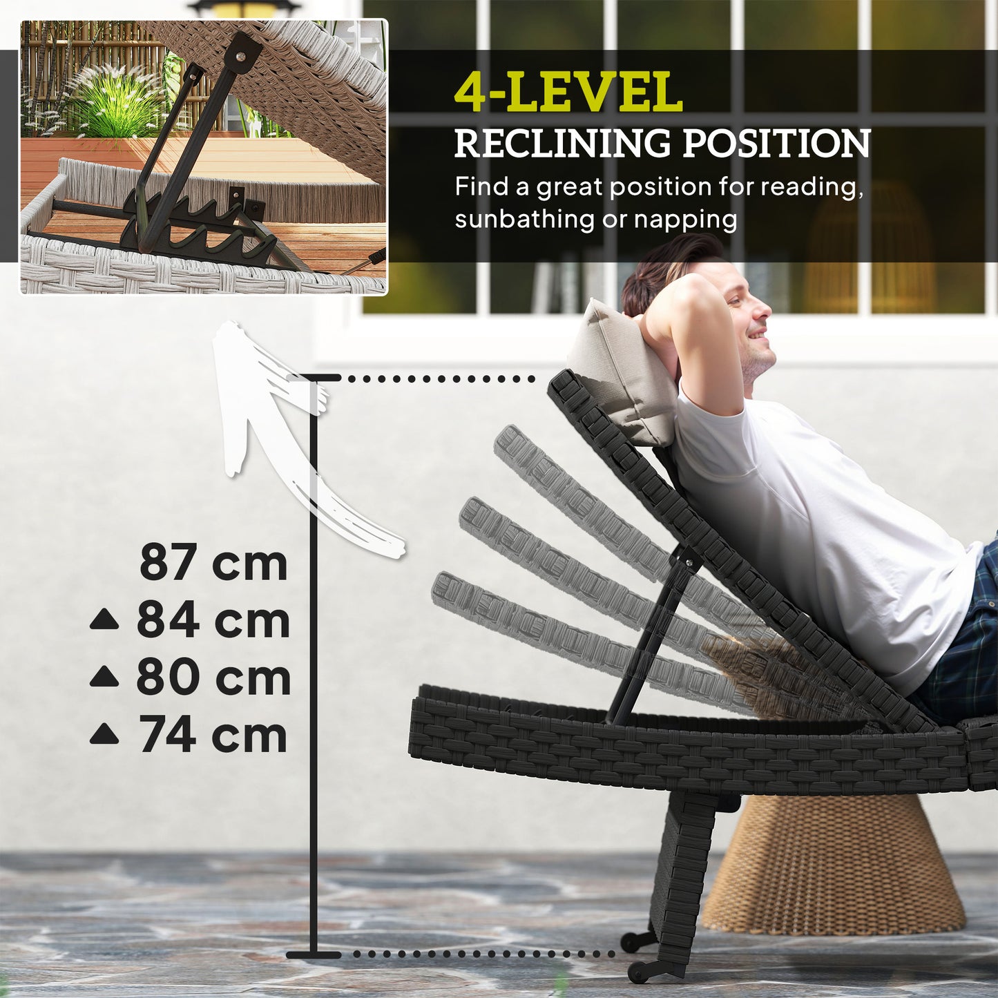 Outsunny Outdoor PE Rattan Sun Lounger, Folding Recliner with 4-Level Adjustable Backrest, Wheels & Non-Slip Legs for Balcony/Beach, Black