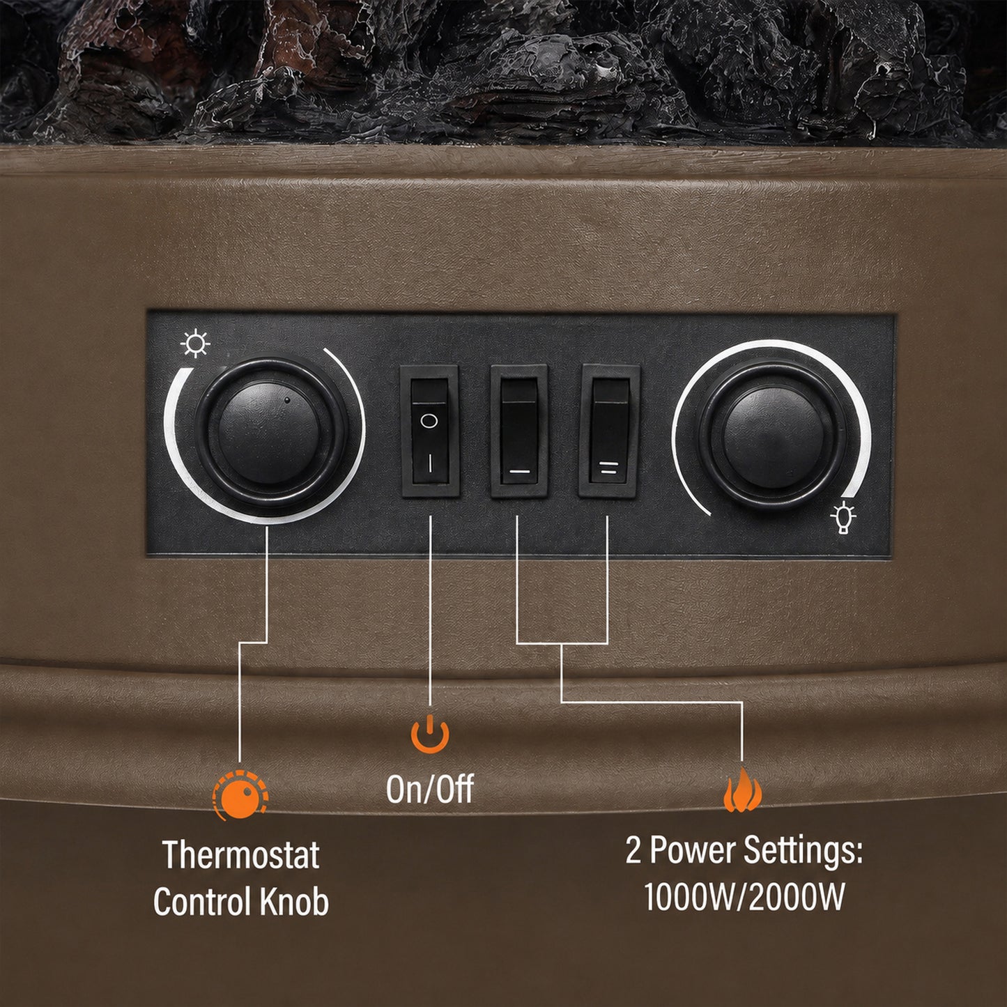 HOMCOM Electric Fireplace Stove, 1000/2000W 3-Sided Freestanding Fireplace Heater with 3D Flame Log, Thermostat, Brown