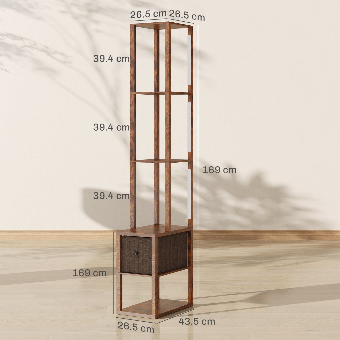 HOMCOM Floor Lamp with Shelves, LED Column Modern Standing Lamp, Adjustable Brightness, Foot Switch, Fabric Drawer, Rustic Brown