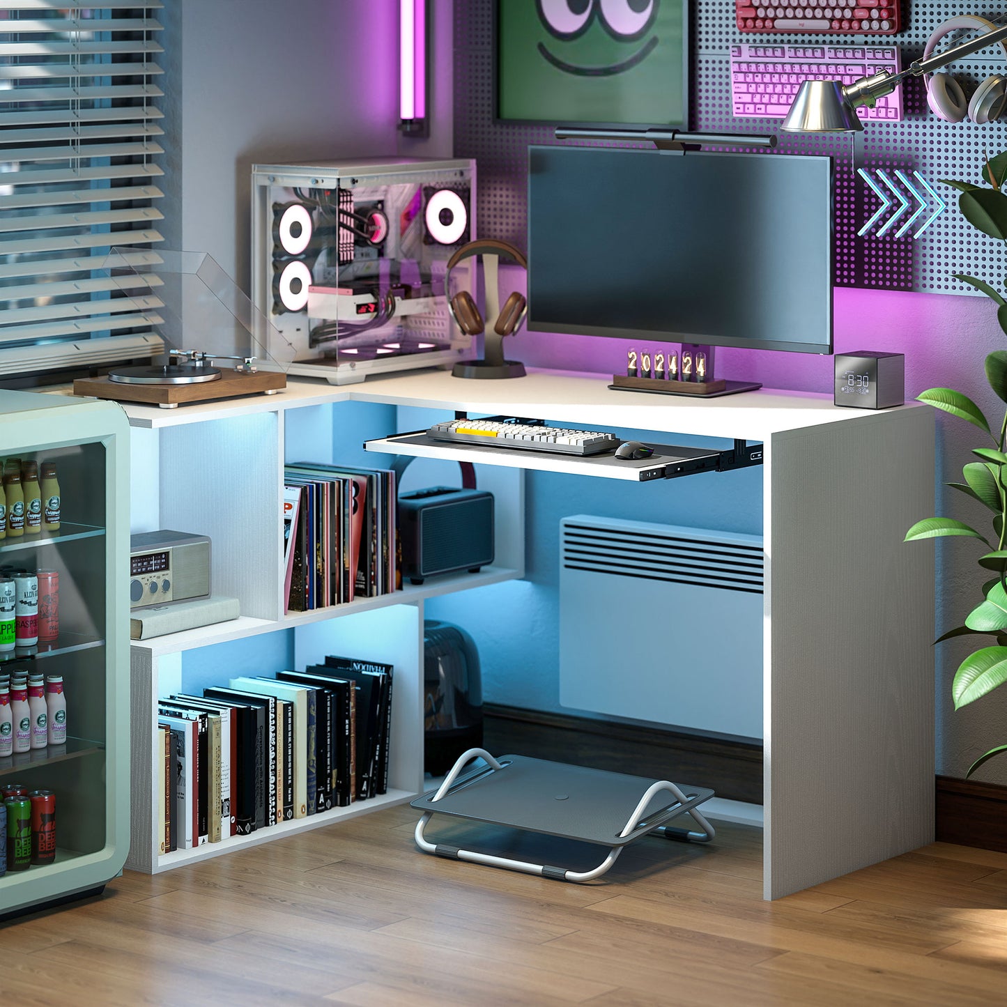HOMCOM L-Shaped Corner Desk, Computer Desk with Keyboard Tray and Open Shelves, White Wood Effect