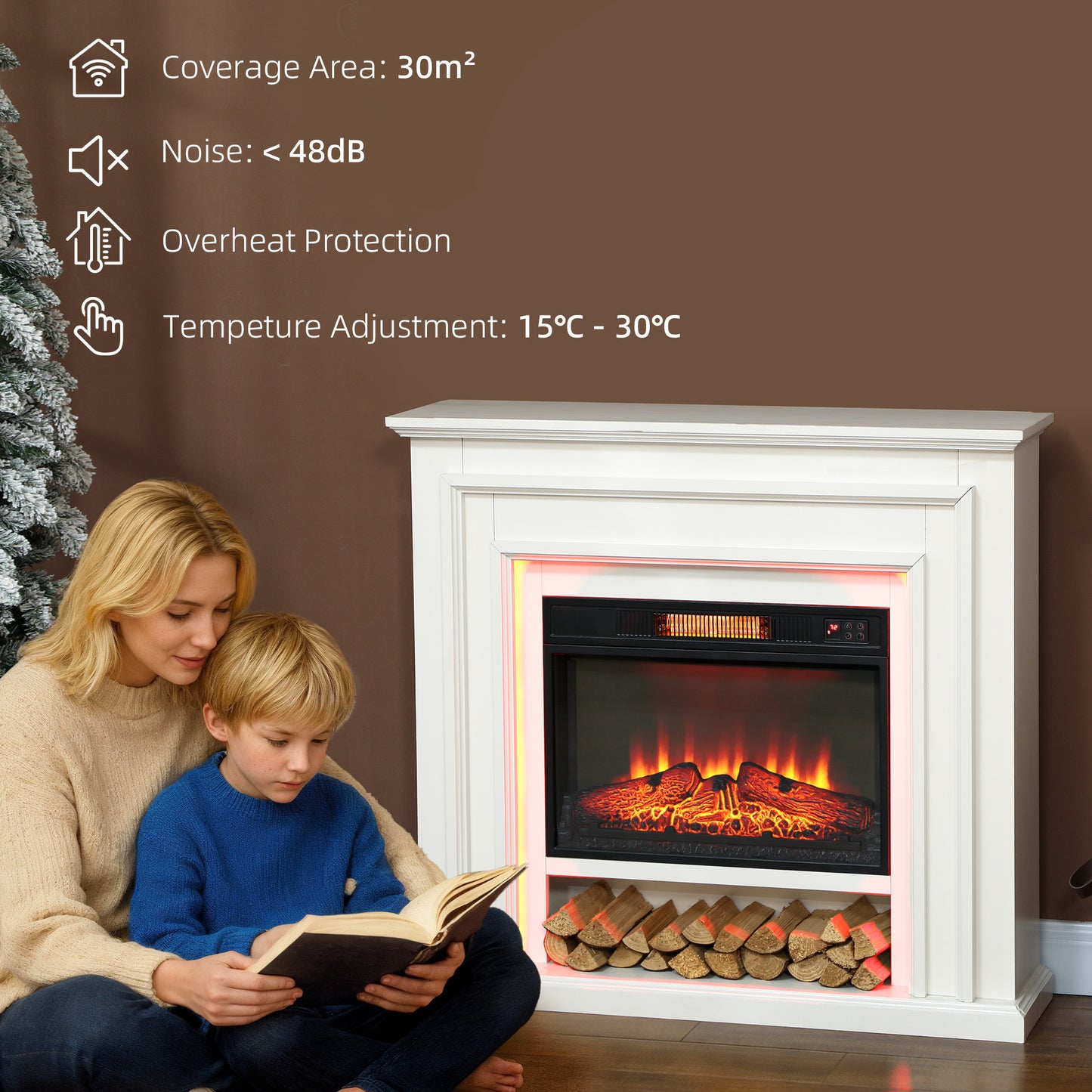 HOMCOM Electric Fireplace, RGB LED, Real Flame, 3 Brightness, 1800W, 30m² Coverage, Remote & Timer, Inset Fire & Mantel for Living Room, White