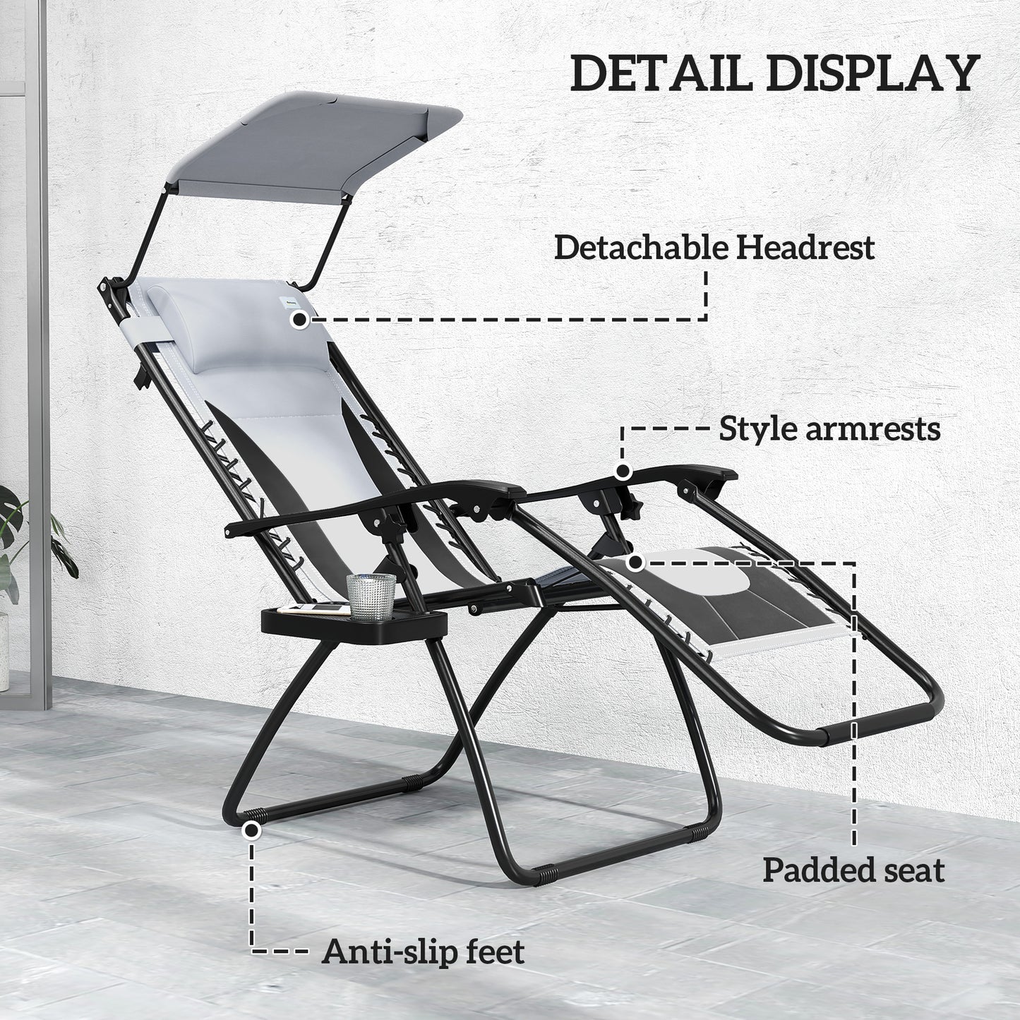 Outsunny Set of 2 Zero Gravity Lounger Chairs, Folding Recliners with Shade, Cup Holder, Cushion, Light Grey