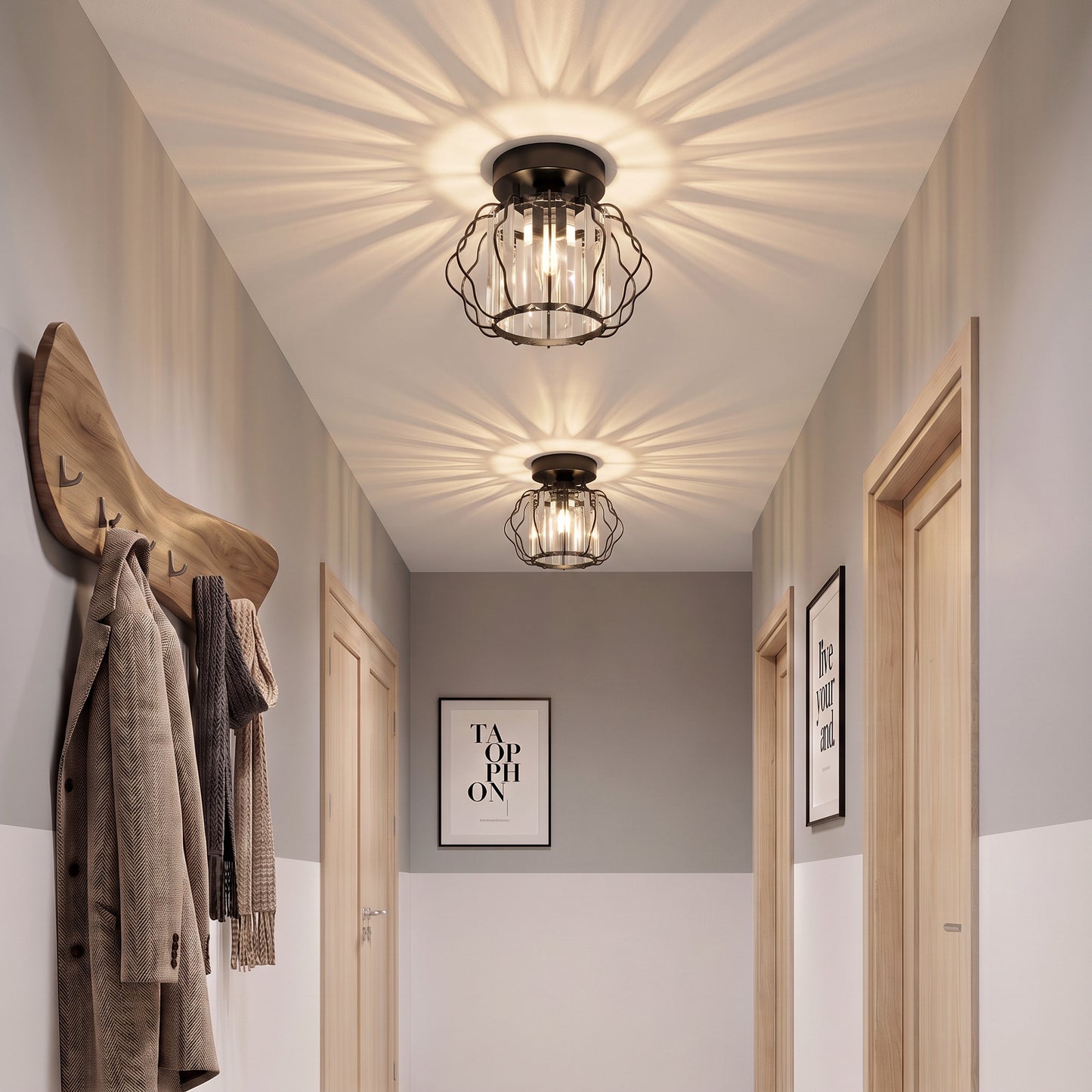 HOMCOM Crystal Ceiling Light Fixtures, Modern Semi-Flush Ceiling Lighting with Crystal Strips, 2 Pack, Black