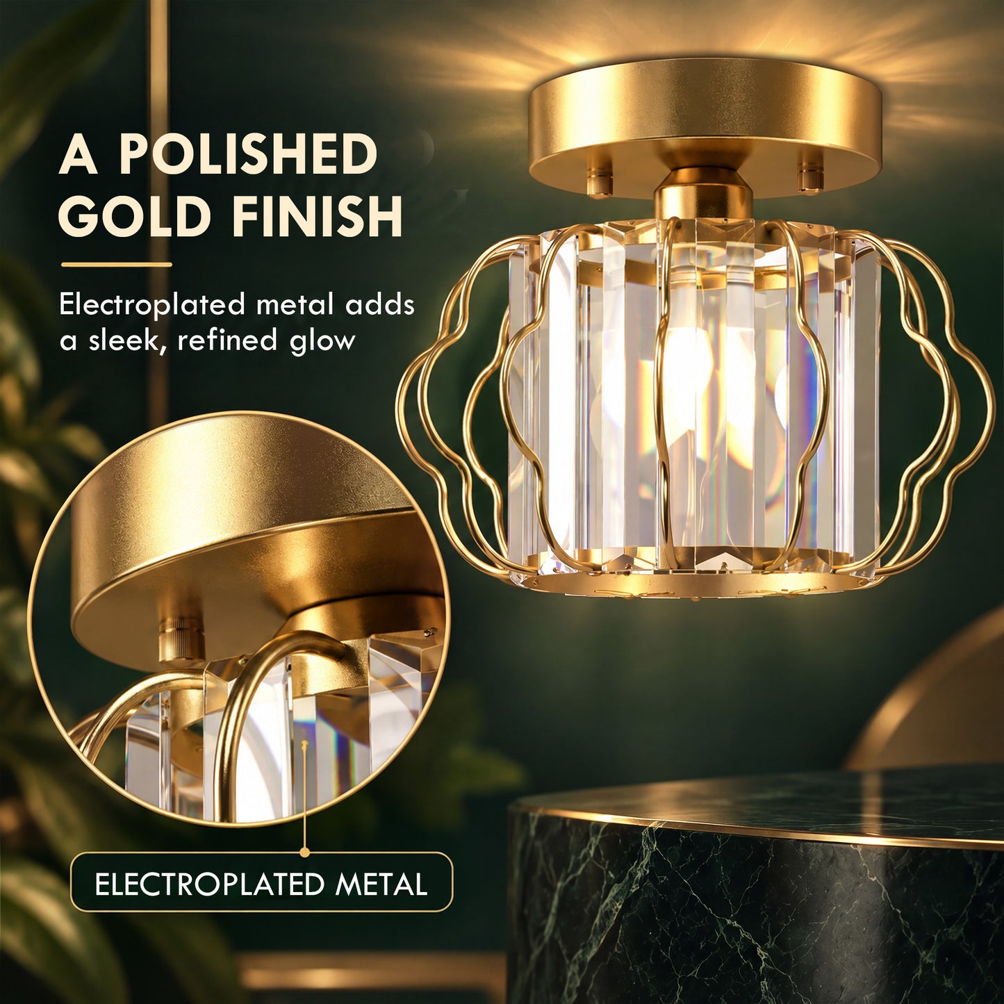 HOMCOM Crystal Ceiling Light Fixtures, Modern Semi-Flush Ceiling Lighting with Crystal Strips, 2 Pack, Gold Tone