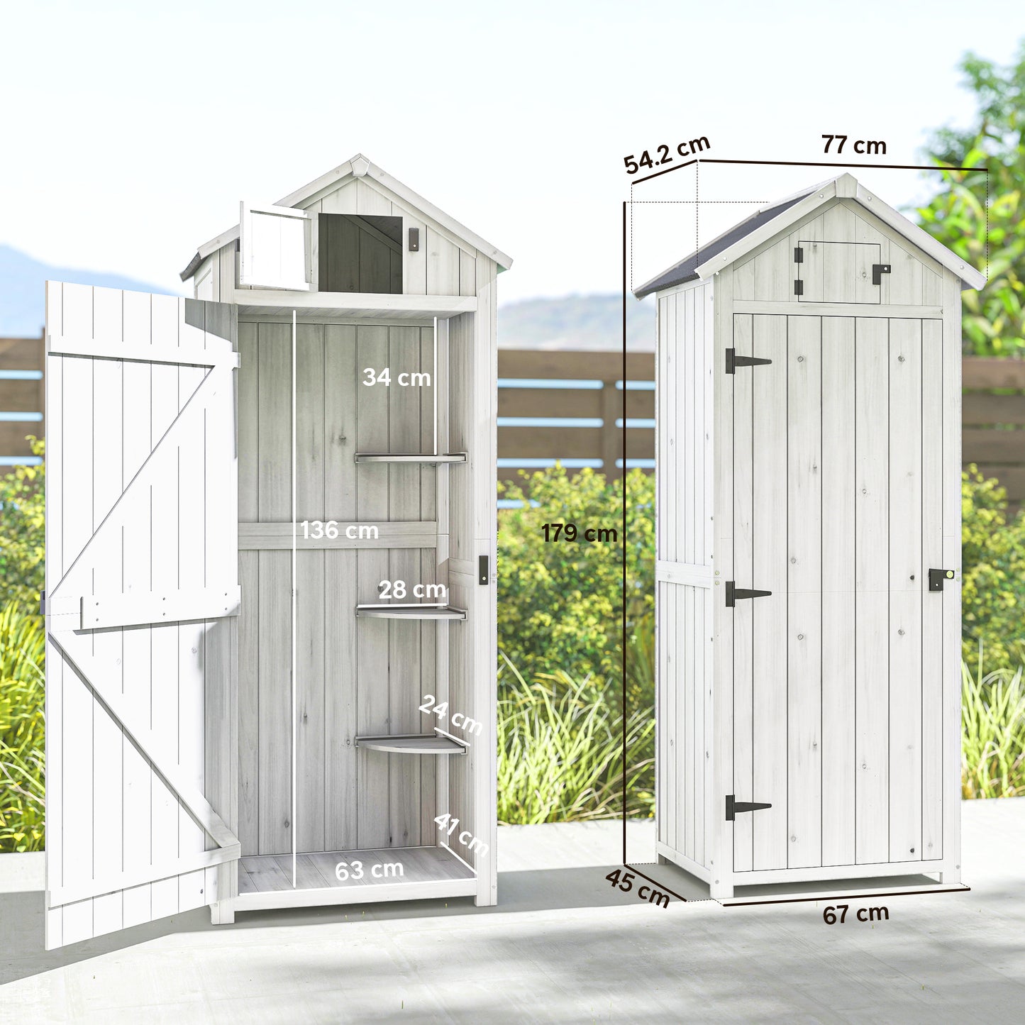 Outsunny Small Shed, Tall Slim Wooden Garden Shed with 3 Removable Shelves and Roof Hatch, Compact Outdoor Tool Storage Cabinet with Asphalt Roof and Door Latch, 77 x 54.2 x 179 cm, Light Grey