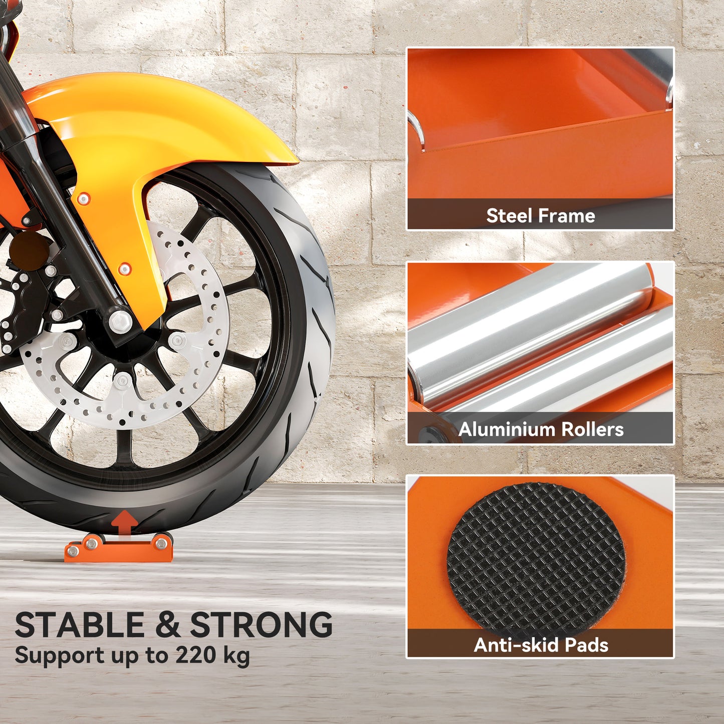 HOMCOM Motorcycle Wheel Cleaning Stand with Steel Frame, Aluminium Rollers, for Tyre Cleaning & Chain Lubrication, Fits < 180mm Tyres, Orange