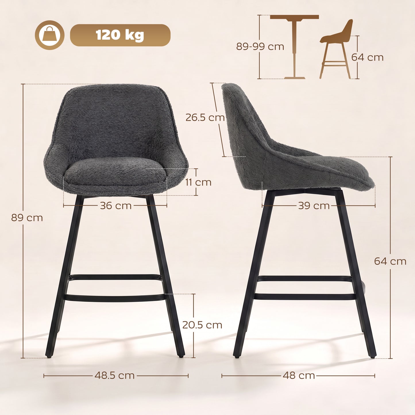 HOMCOM Bar Stools Set of 2, 64 cm Modern Linen-Touch Fabric 360° Swivel Counter Height Bar Chairs, Dark Grey