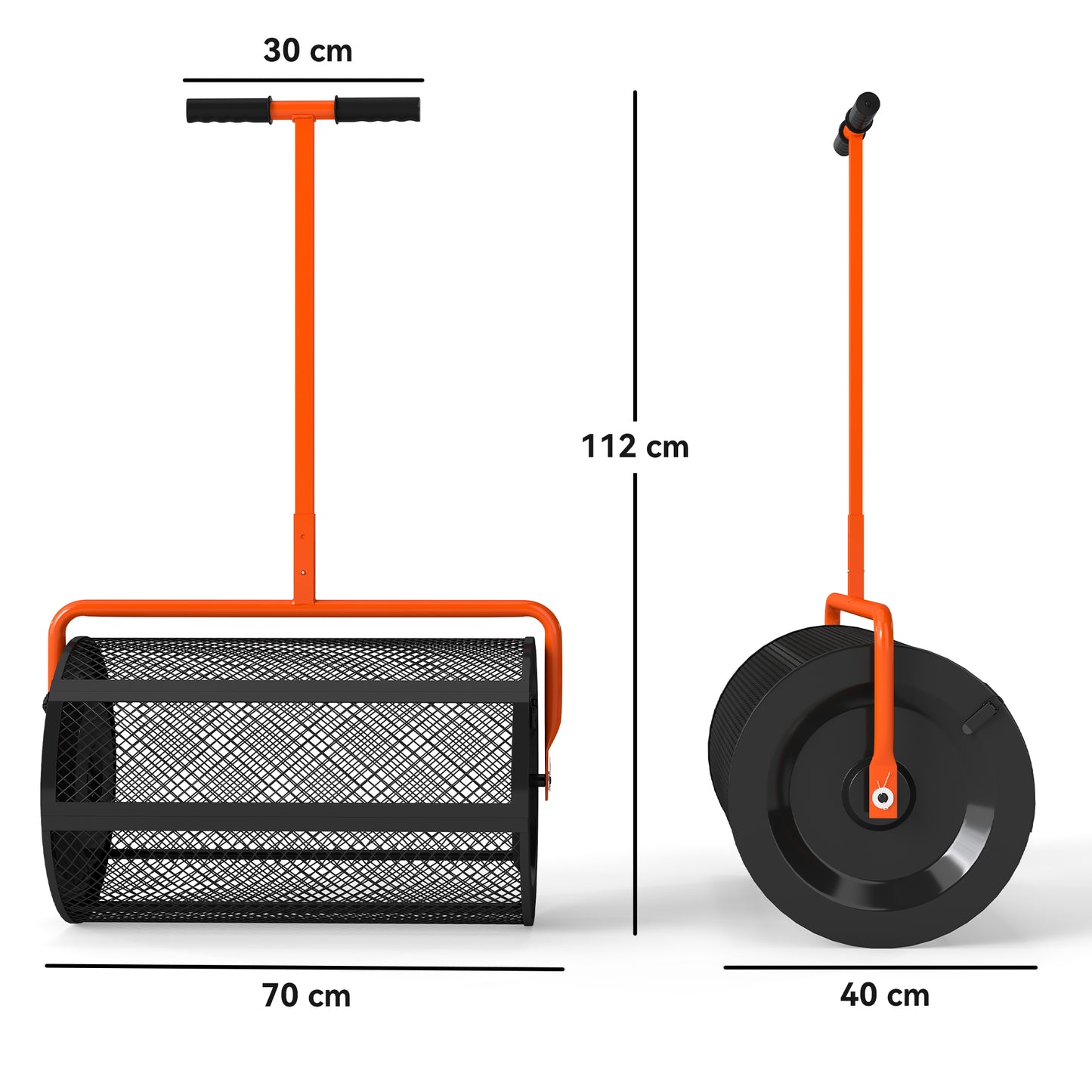 Outsunny Compost Spreader, 24" Peat Moss Spreader with Adjustable T-Handle and Metal Mesh Basket, Garden Spreader for Seeding, Orange