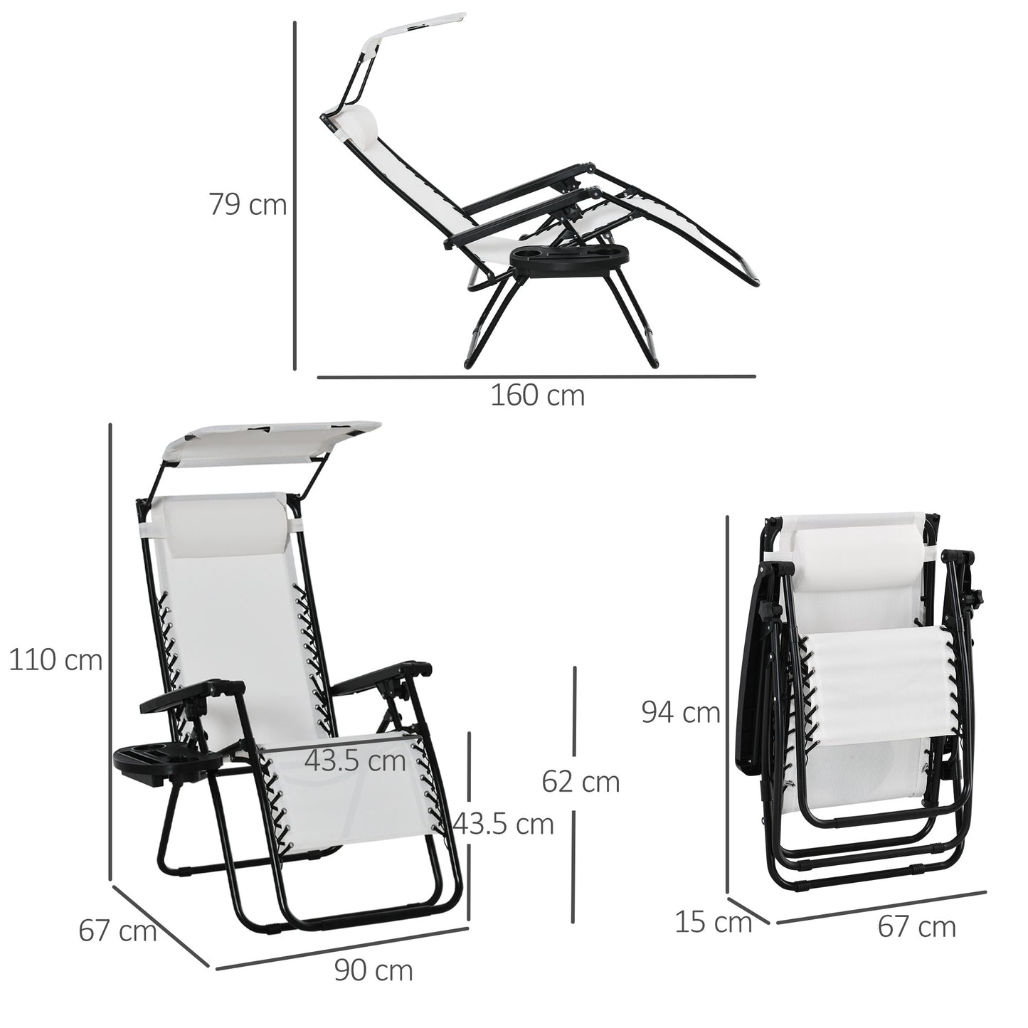 Outsunny 2 Piece Foldable Reclining Garden Chair, Zero Gravity Lounger with Headrest, Footrest, Armrest, Cup Holder & Canopy, White