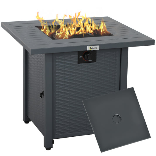 Outsunny Rattan-style Gas Fire Pit Table, 40,000 BTU Burner, Smokeless Patio Heater, Grey + Accessories