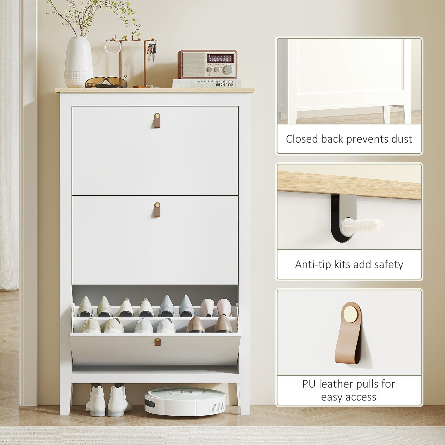 HOMCOM Modern Three-Drawer Shoe Cabinet - White