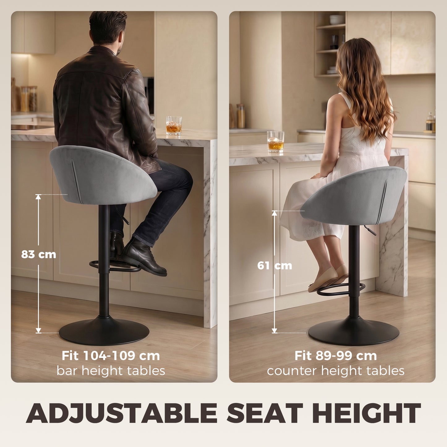 HOMCOM Set of 2 Velvet-Feel Bar Stools, Swivel Adjustable Height Breakfast Bar Chairs with Backrest, Footrest, Quilted Kitchen Stools for Dining Room, Grey