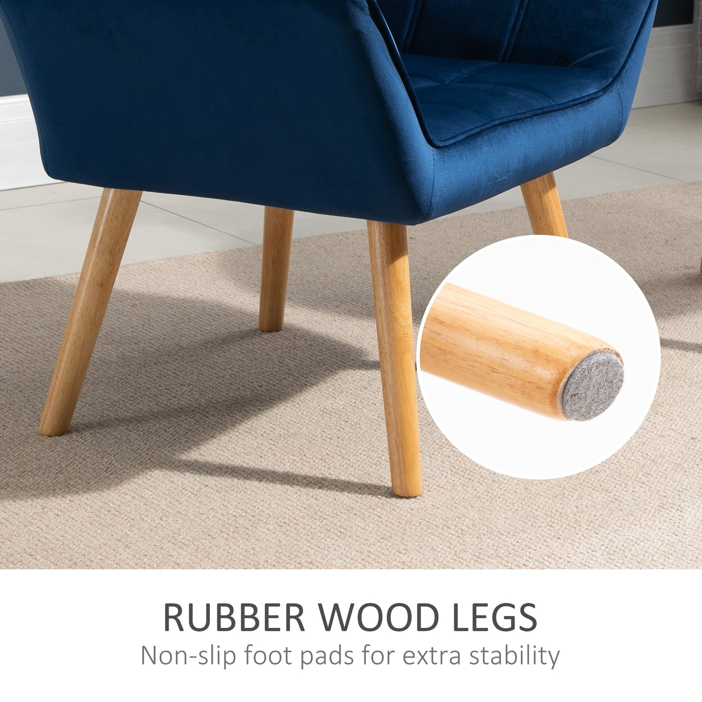 HOMCOM Armchair Accent Chair, Vanity Chair with Wide Arms, Slanted Back, Padded Metal Frame, Wooden Legs, Set of 2, Blue