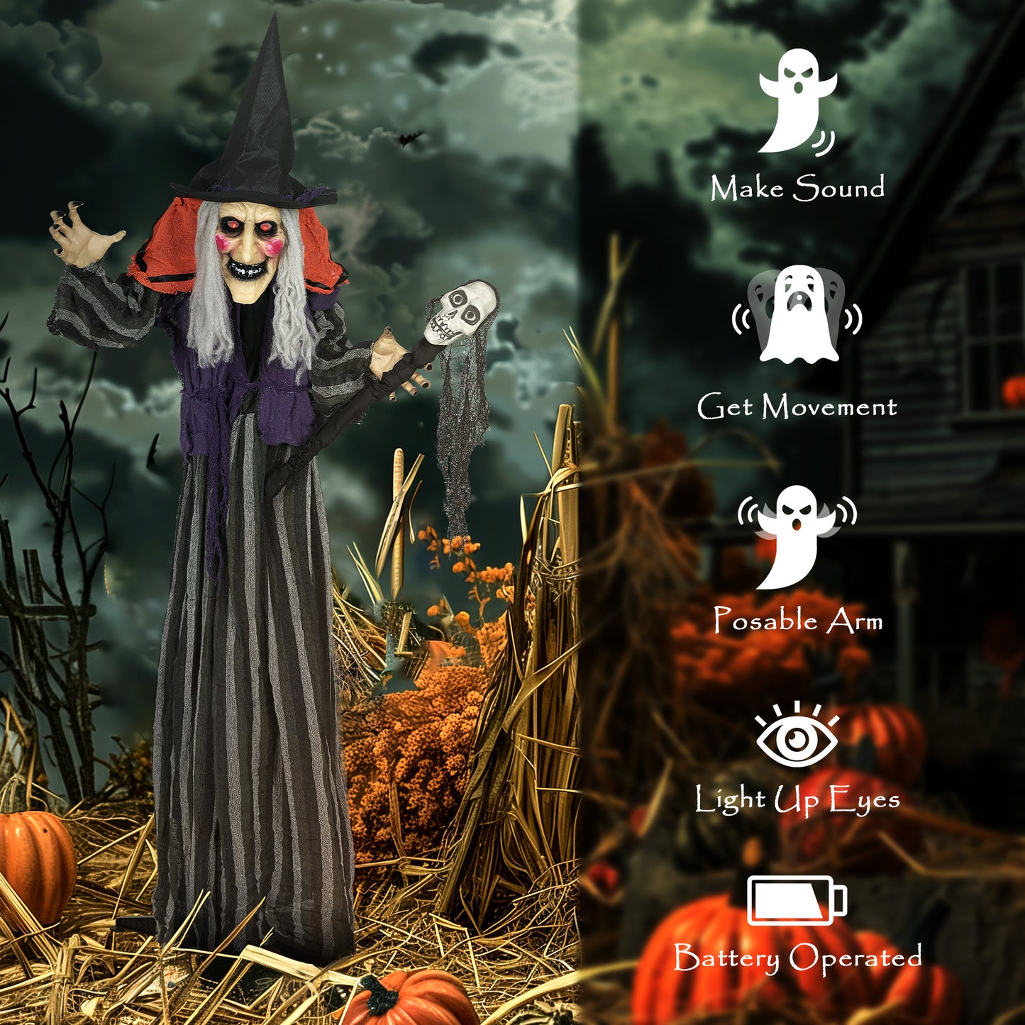 Outsunny Halloween Animated Witch with Skull Staff & Glowing LED Eyes, Battery Operated Indoor Party Prop, 160 cm, Spooky Decor, Black